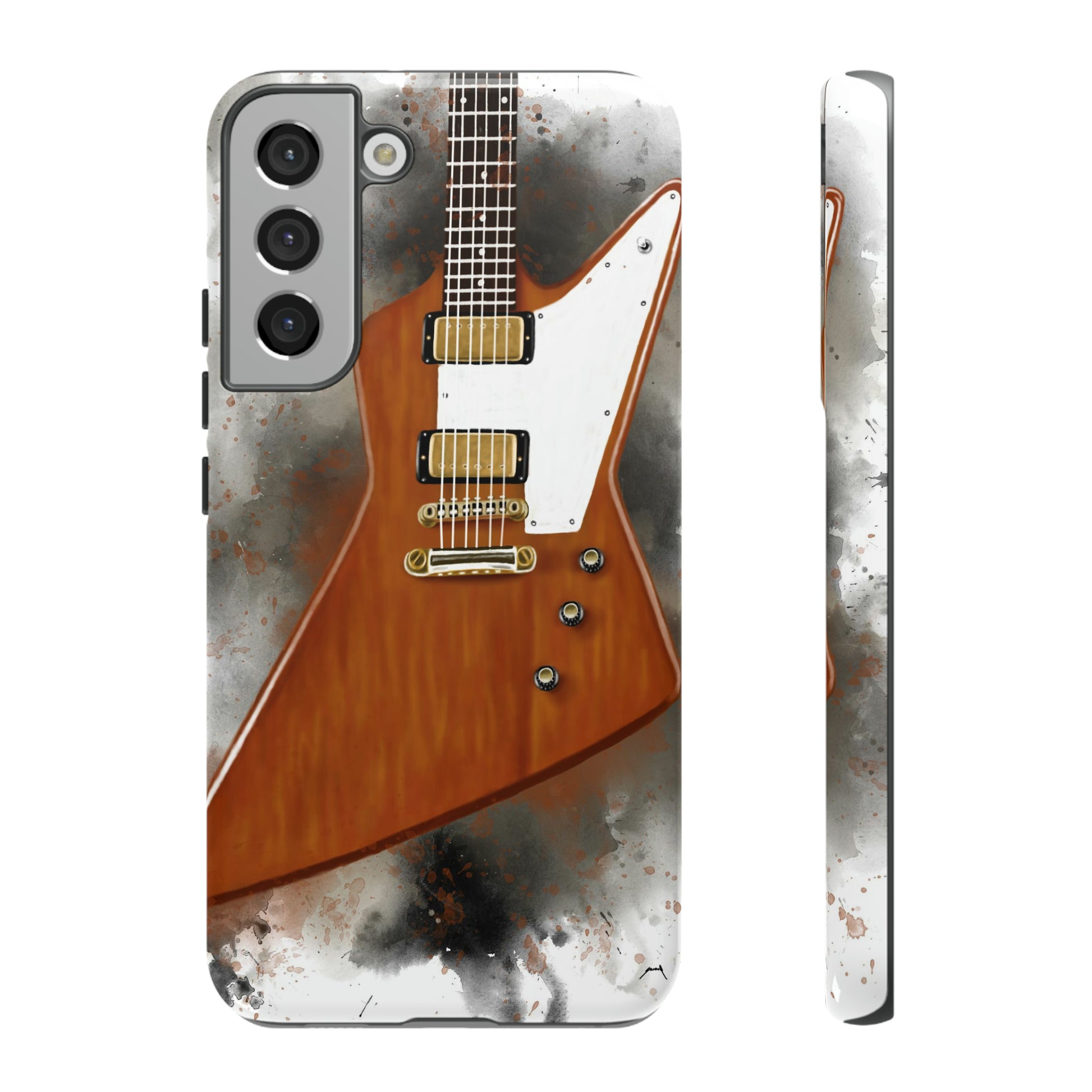 Digital painting of a pointy electric guitar printed on a samsung tough phone case