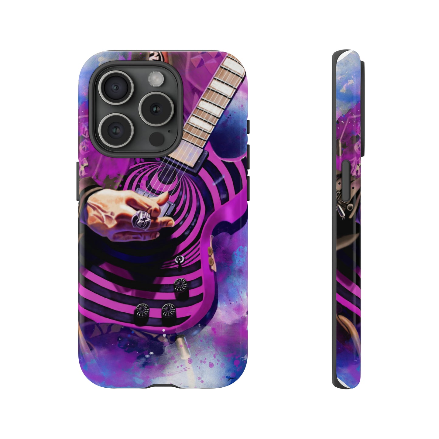 digital painting of a purple-black electric guitar with hand printed on iphone phone case