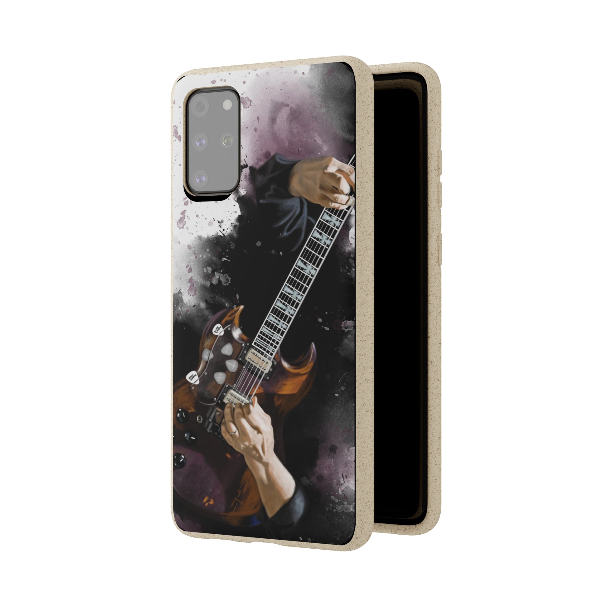 digital painting of a vintage black electric guitar with hands printed on biodegradable samsung phone case