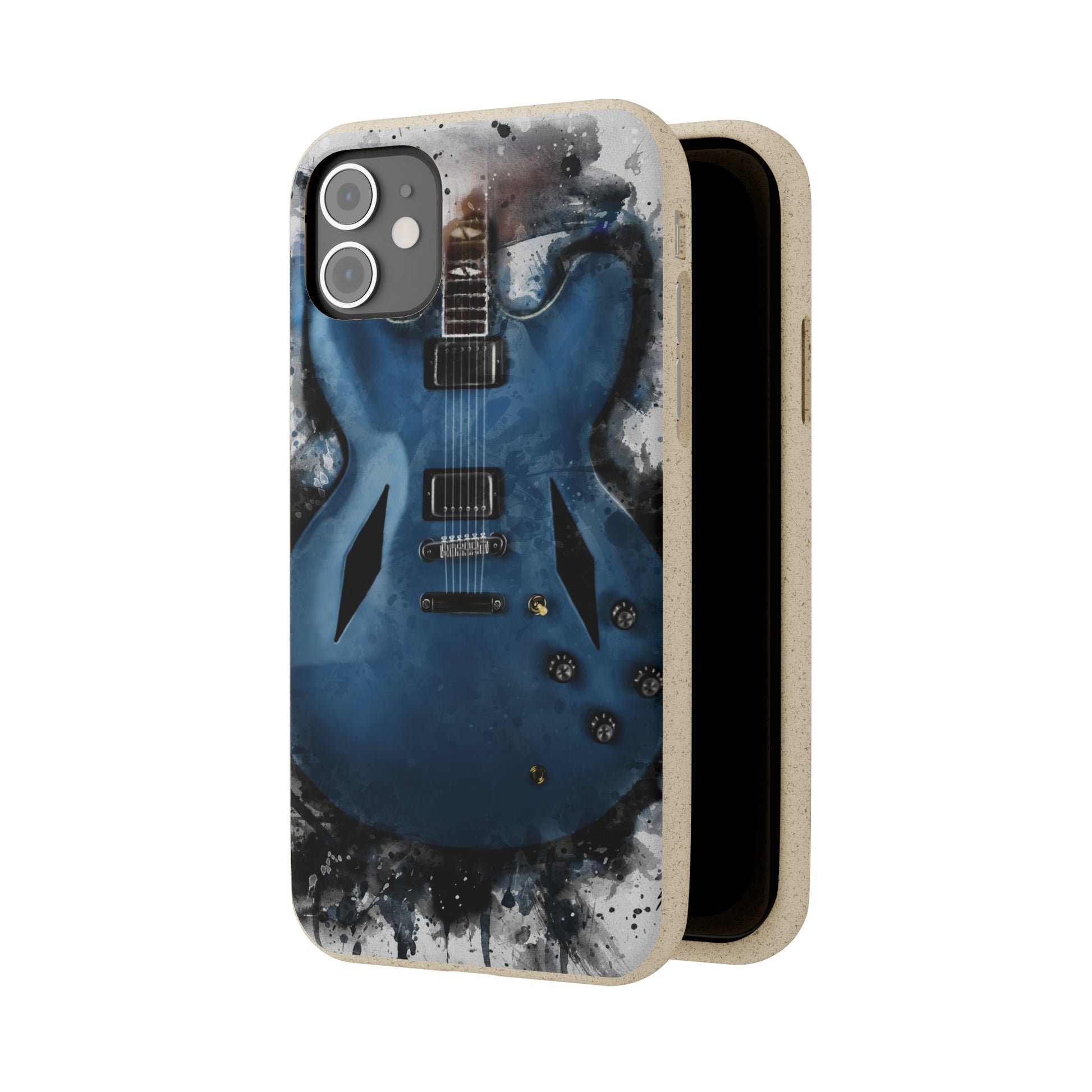 digital painting of a blue electric guitar printed on a biodegradable iphone phone case