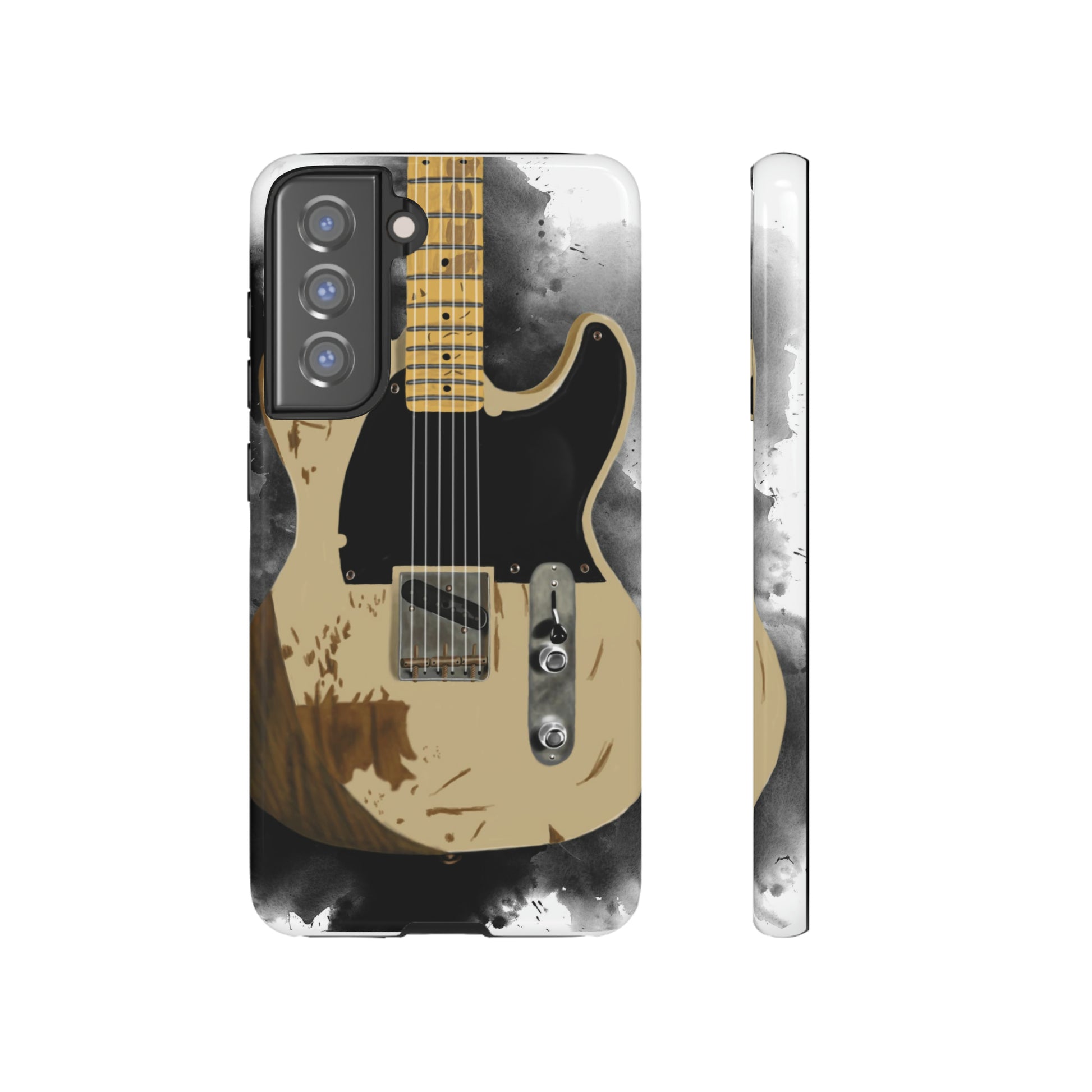 Digital painting of a white-black vintage electric guitar printed on a samsung phone case