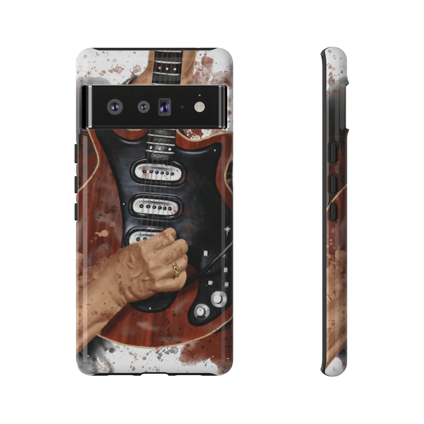 digital painting of a red black electric guitar with hands printed on a google case