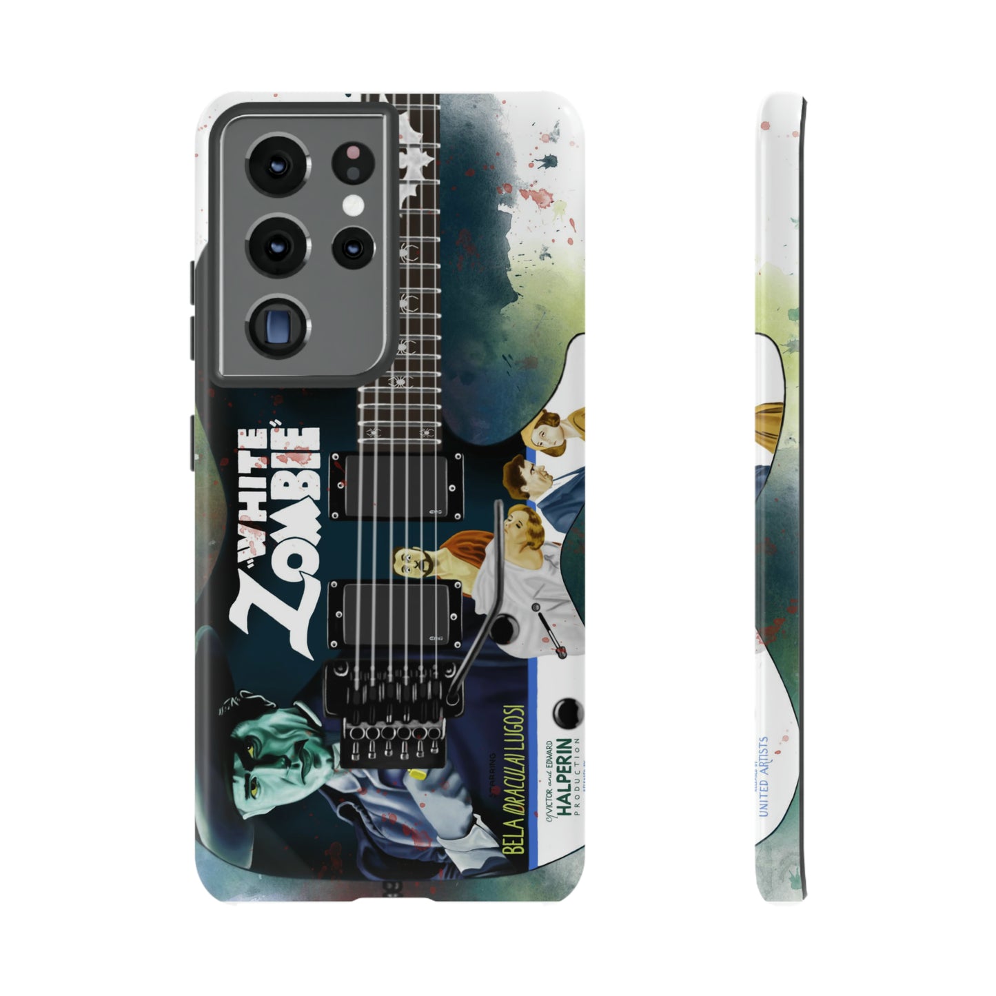 Digital painting of a blue electric guitar with a vintage movie poster on it printed on samsung phone case