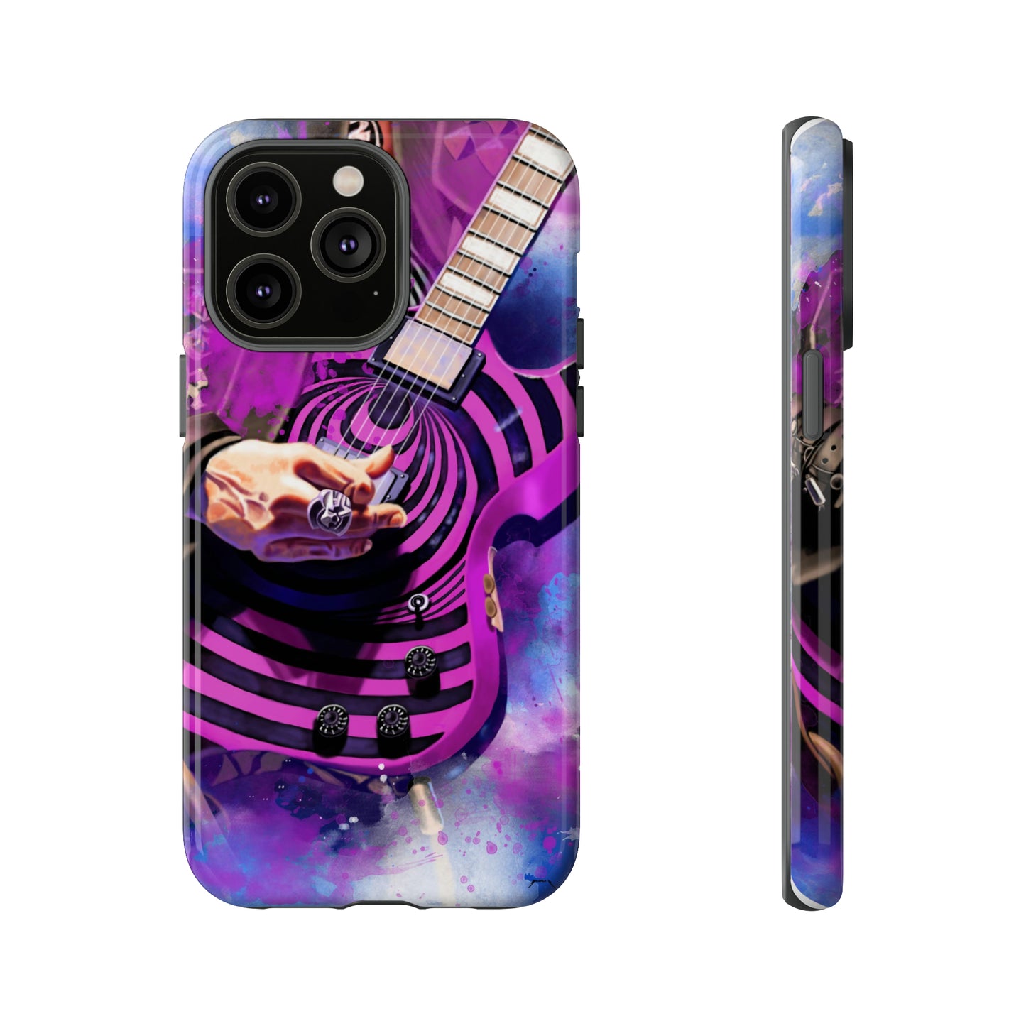 digital painting of a purple-black electric guitar with hand printed on iphone phone case