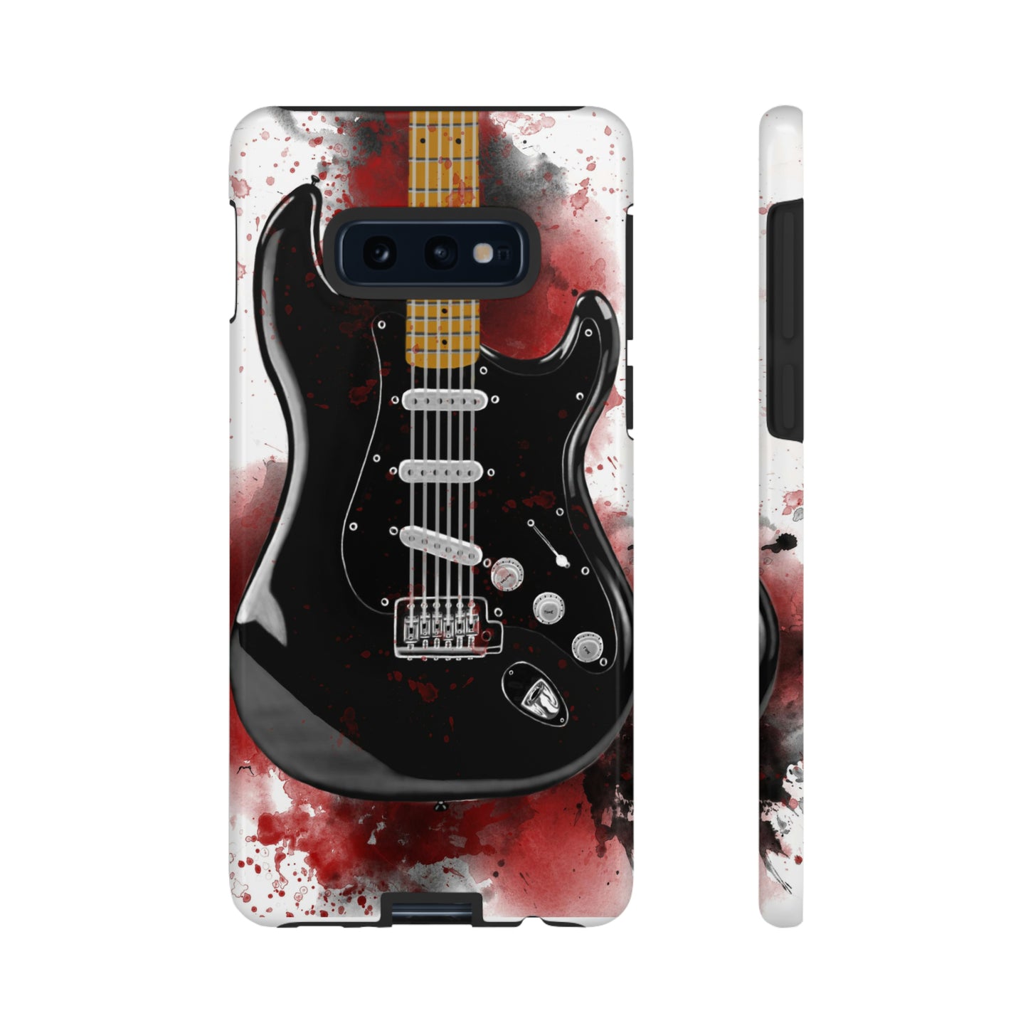 Digital painting of black electric guitar printed on a samsung phone case