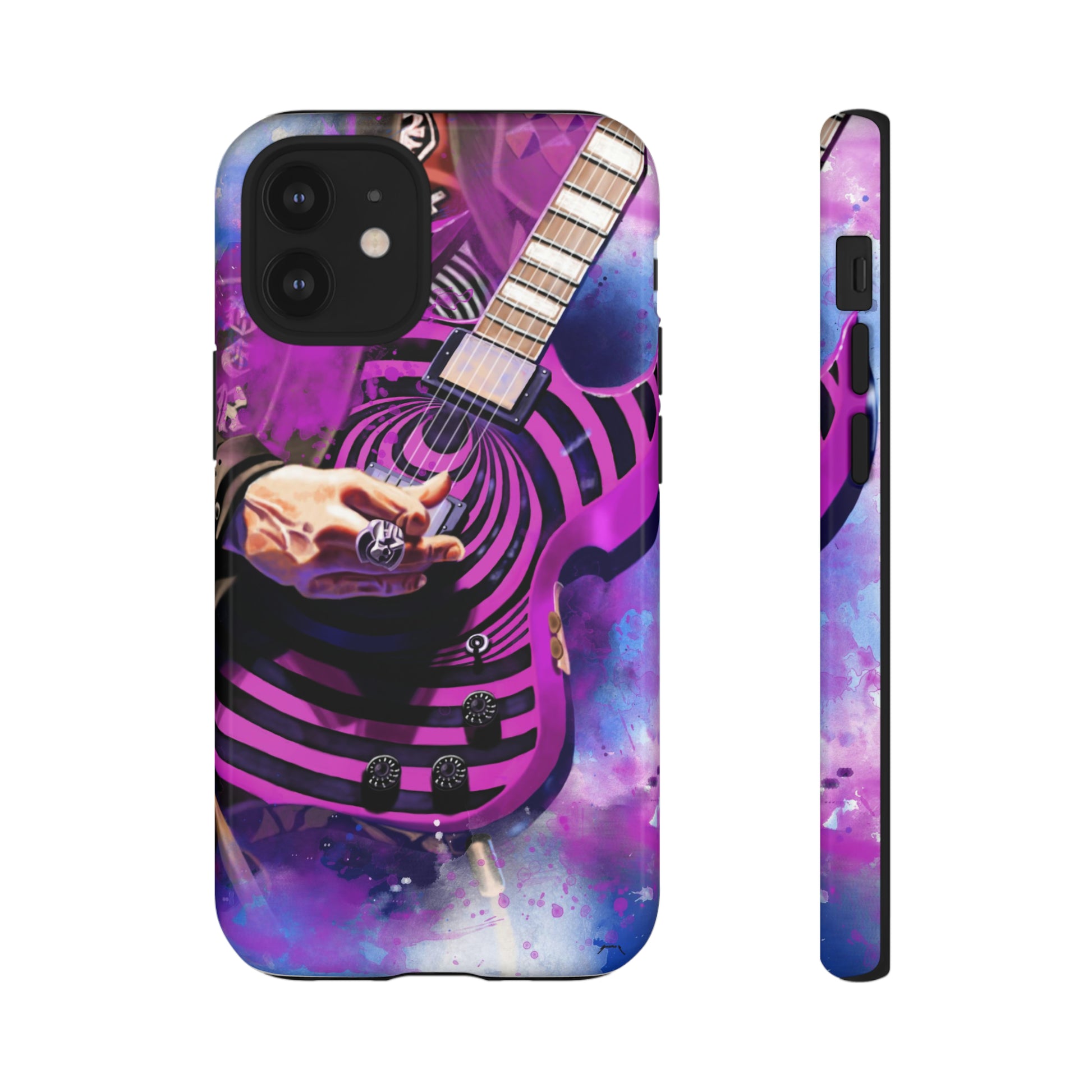 digital painting of a purple-black electric guitar with hand printed on iphone phone case