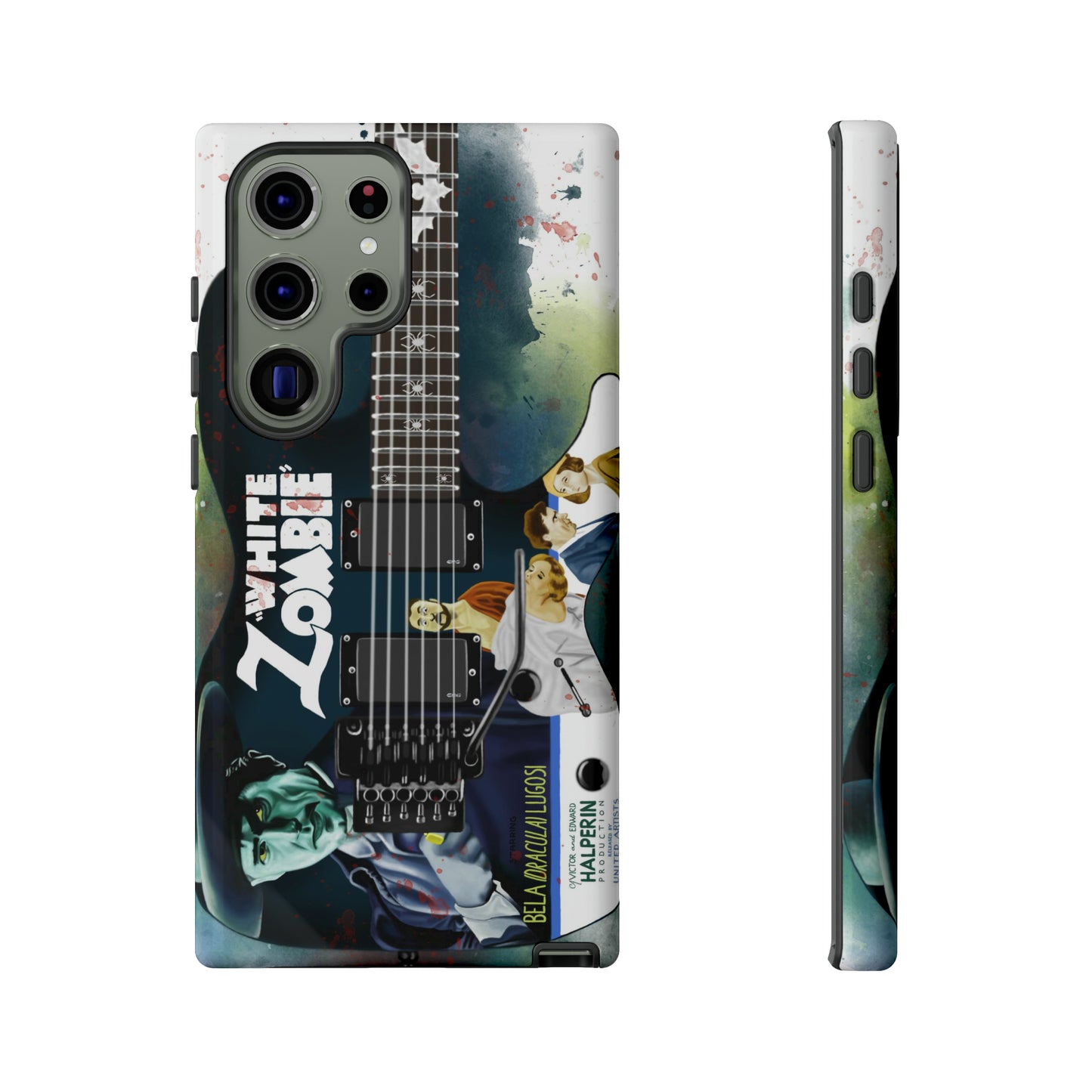 Digital painting of a blue electric guitar with a vintage movie poster on it printed on samsung phone case