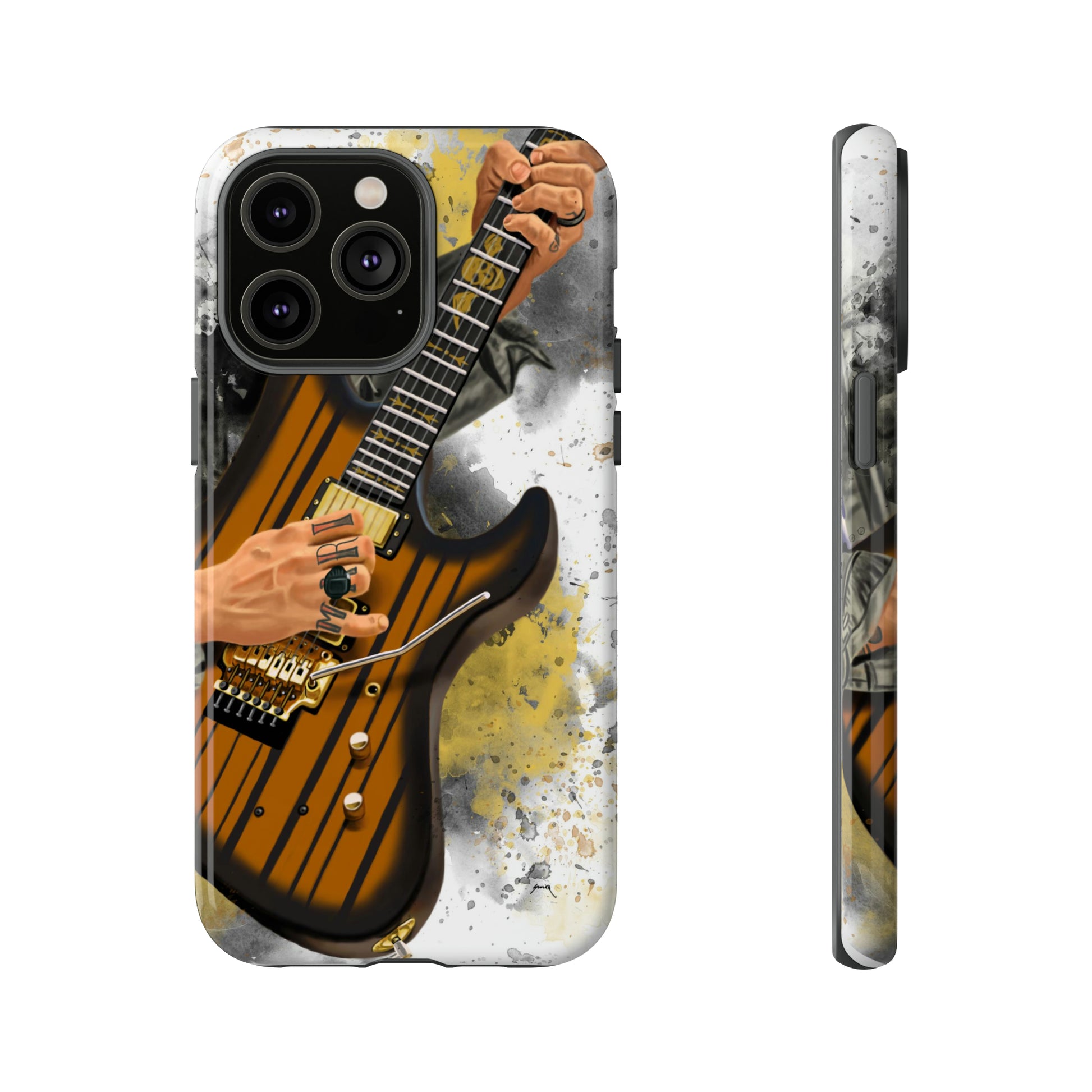 Digital painting of a burst black electric guitar with hands and tattoos printed on iphone tough case