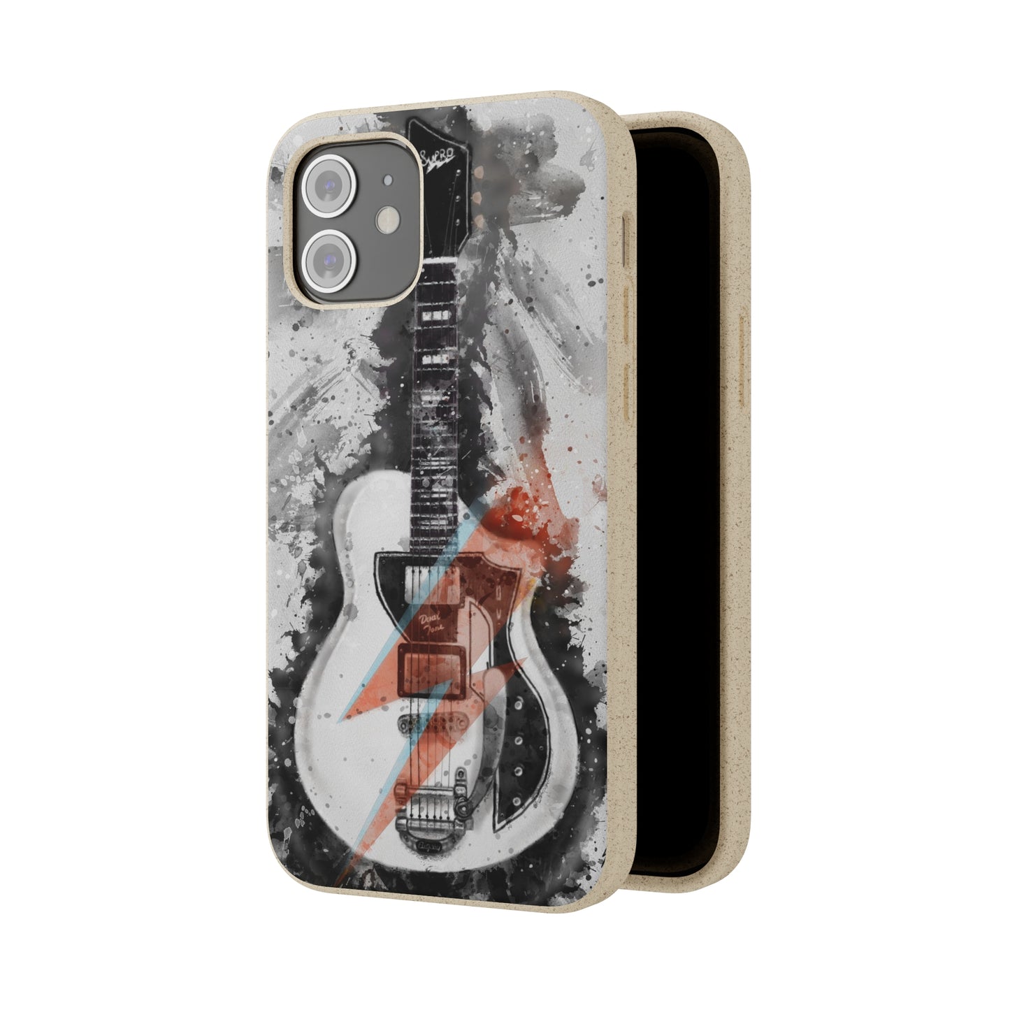 digital caricature painting of a white electric guitar printed on a biodegradable iphone phone case