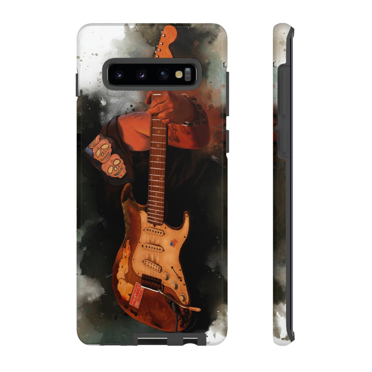 Digital painting of a heavy used vintage sunburst electric guitar with hand printed on samsung phone case