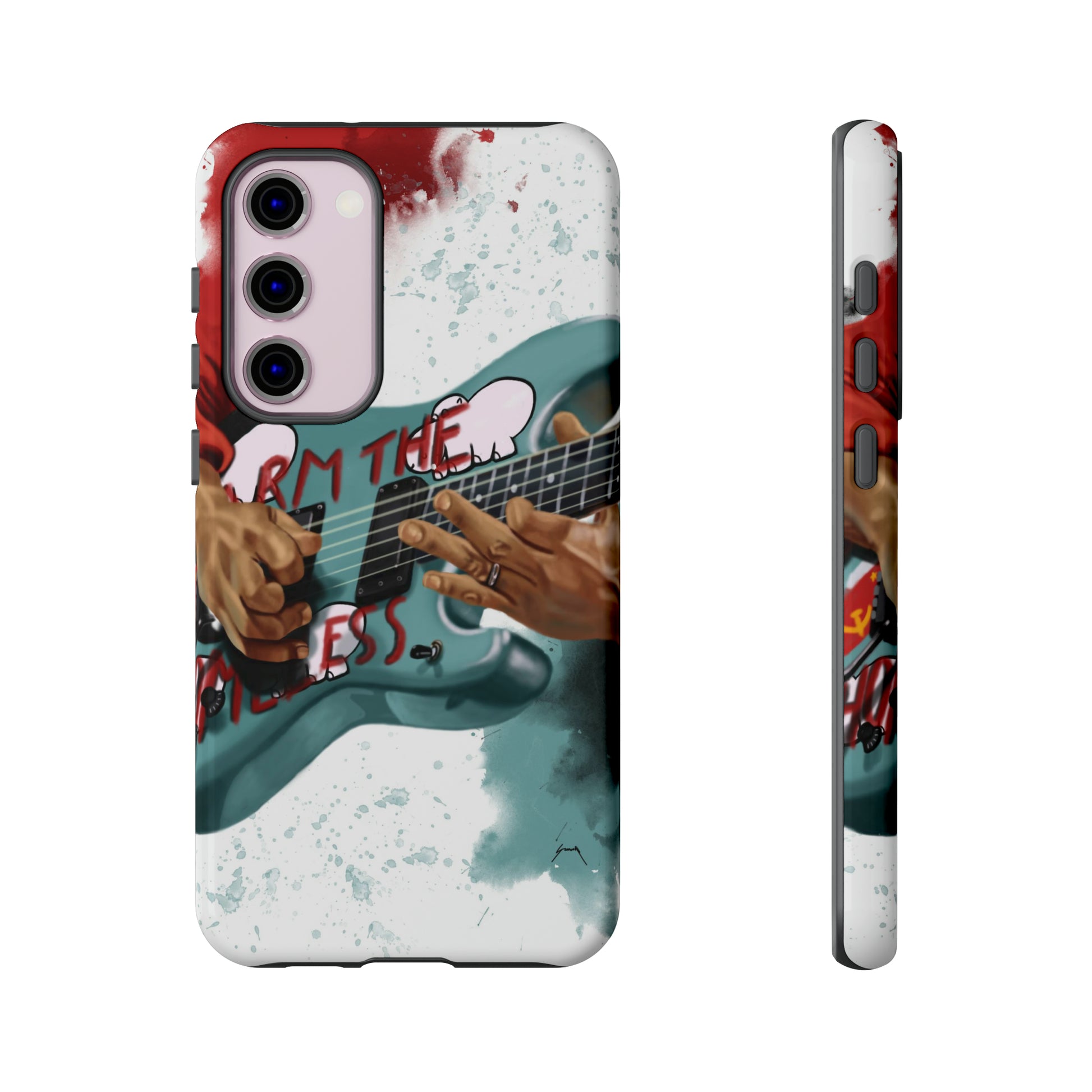 Digital painting of a blue electric guitar with stickers and hands printed on samsung phone case