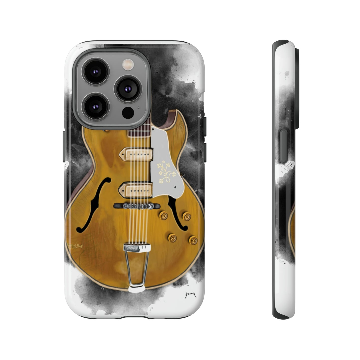 Digital painting of a goldtop vintage electric guitar printed on an iphone phone case