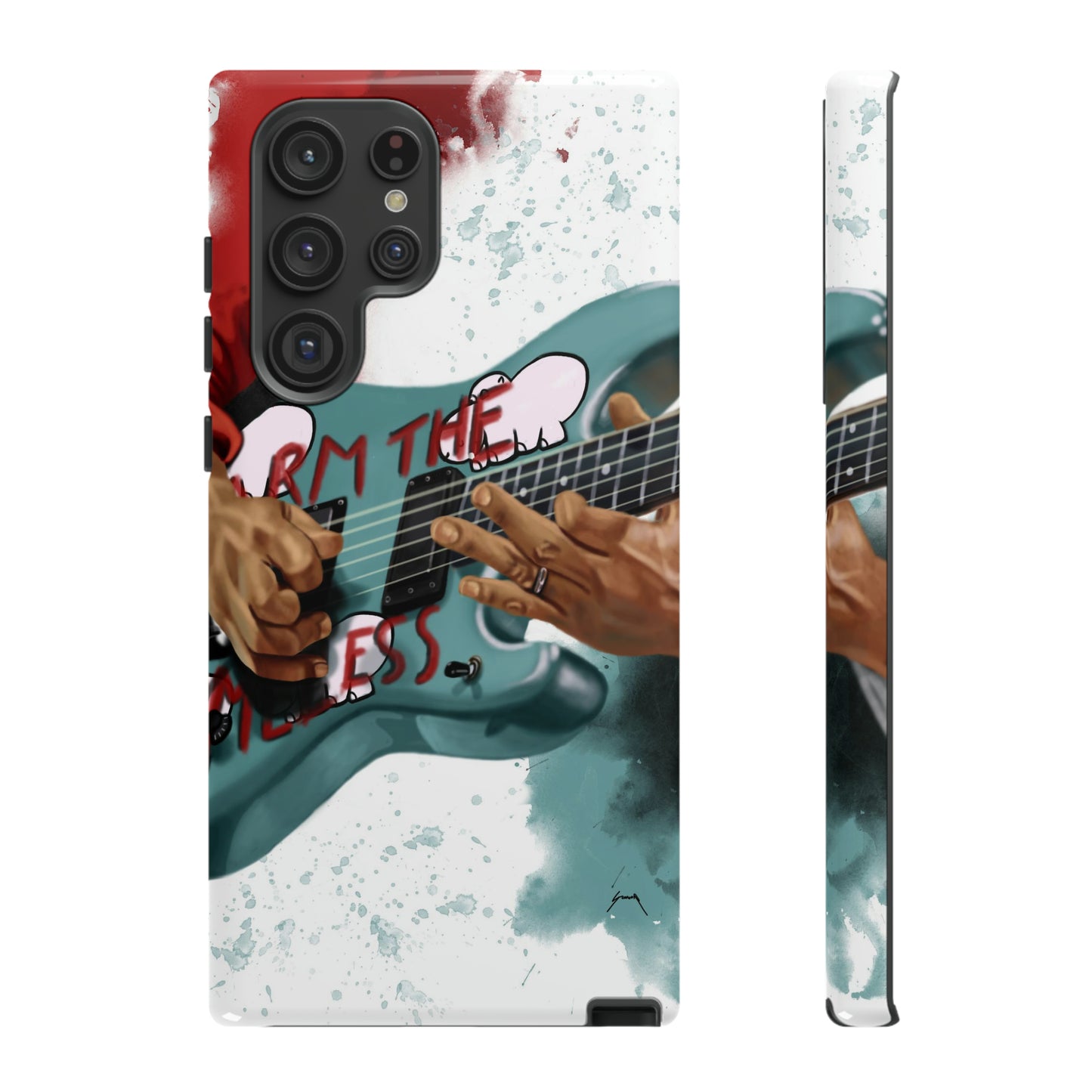 Digital painting of a blue electric guitar with stickers and hands printed on samsung phone case