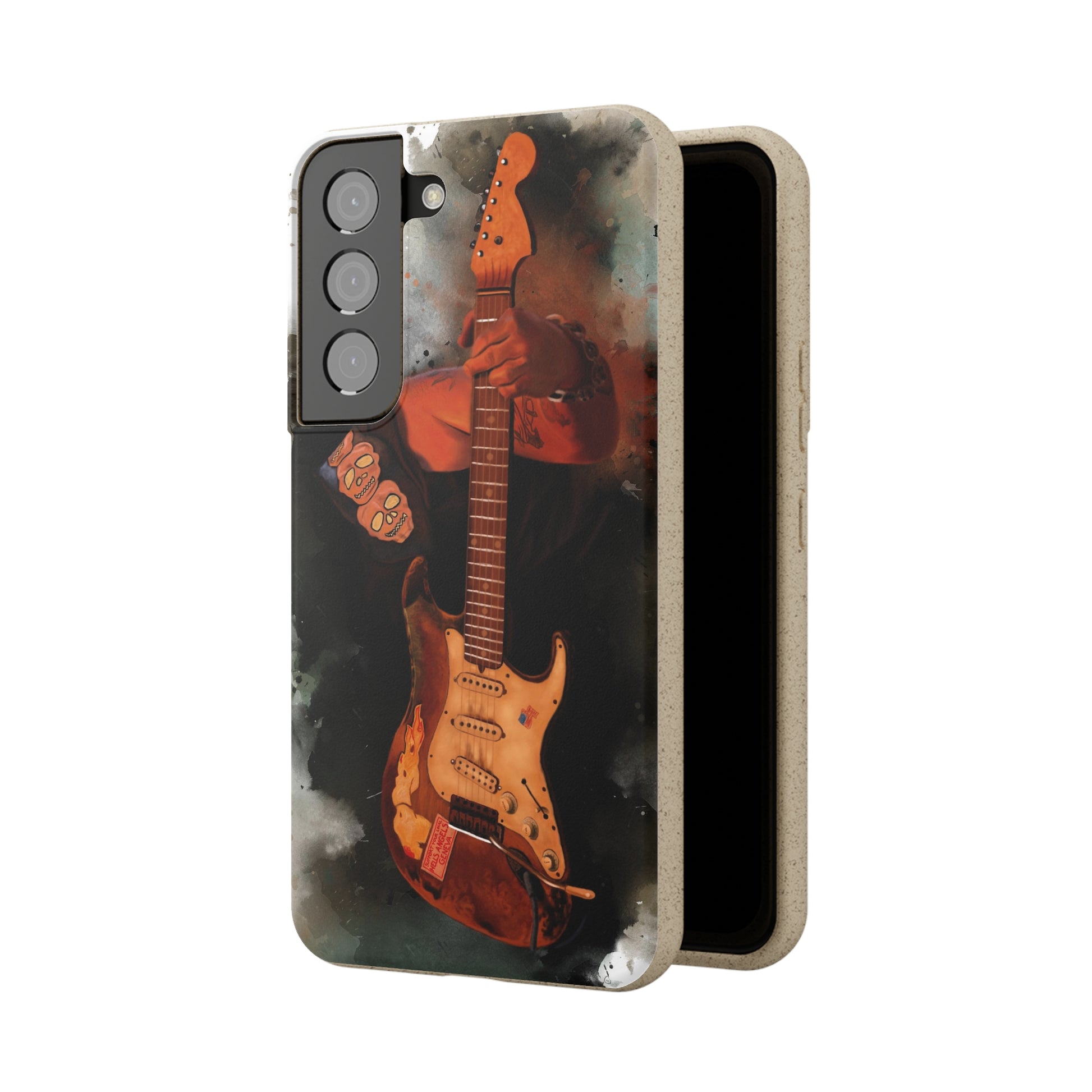 digital painting of Papa's heavy used vintage sunburst electric guitar printed on biodegradable samsung phone case