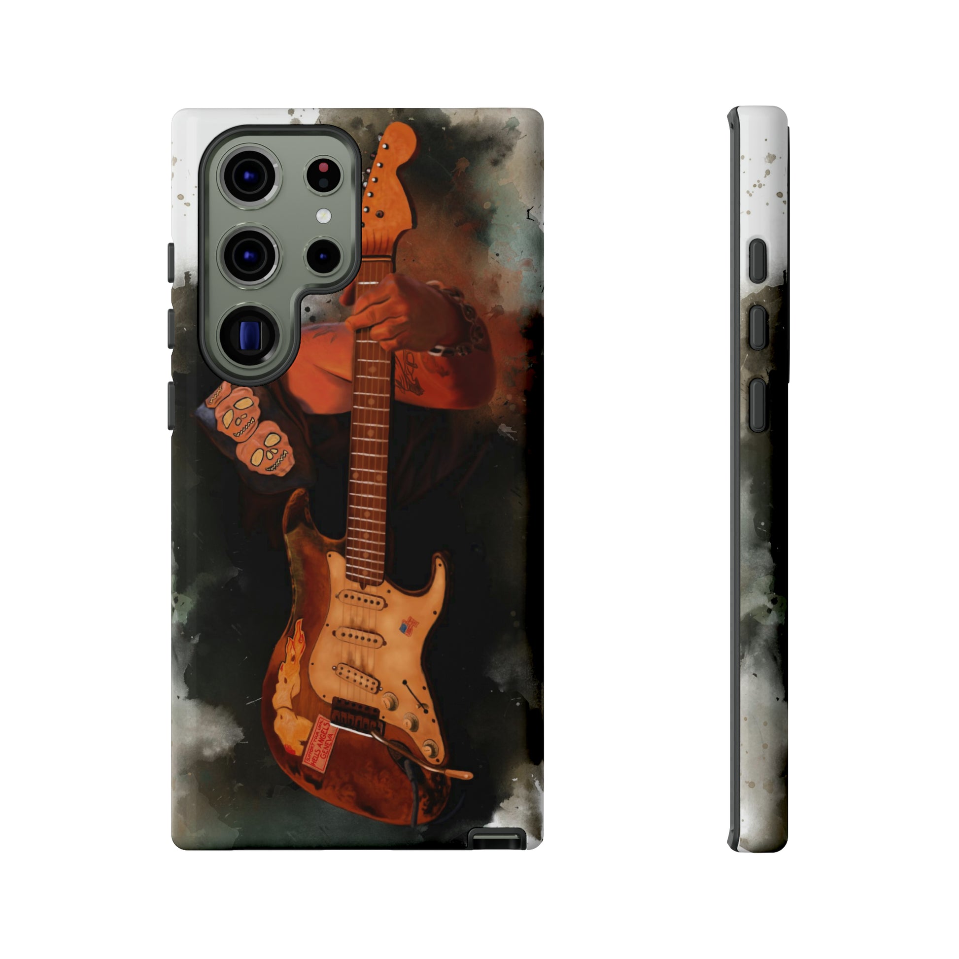 Digital painting of a heavy used vintage sunburst electric guitar with hand printed on samsung phone case