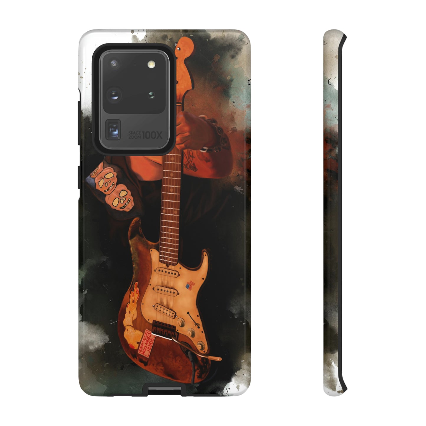 Digital painting of a heavy used vintage sunburst electric guitar with hand printed on samsung phone case