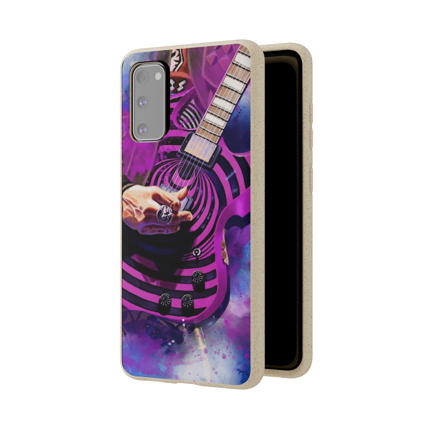 Digital painting of a purple black electric guitar with hand printed on a biodegradable samsung phone case