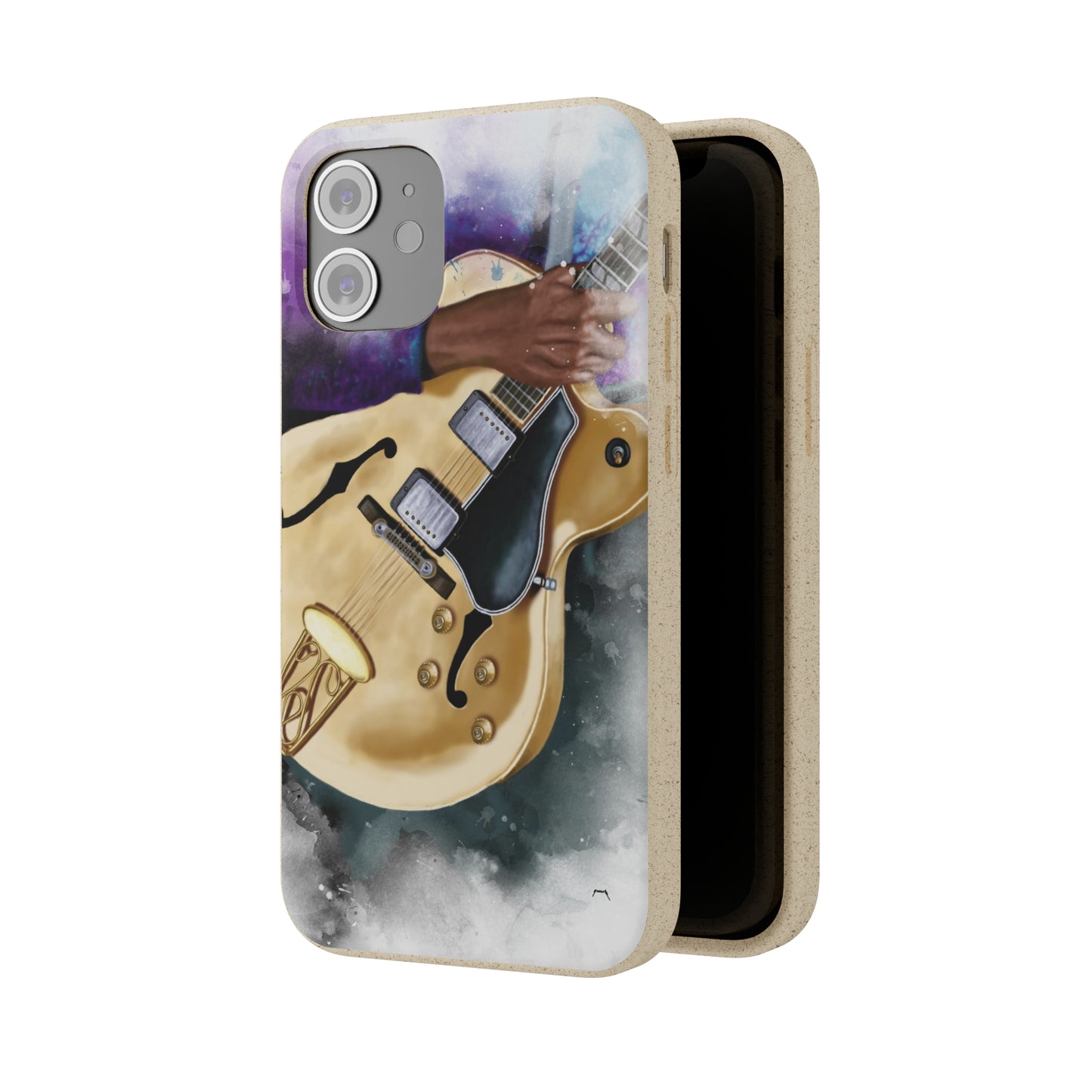 Digital painting of a vintage white hollowbody electric guitar with hand printed on a biodegradable iphone phone case