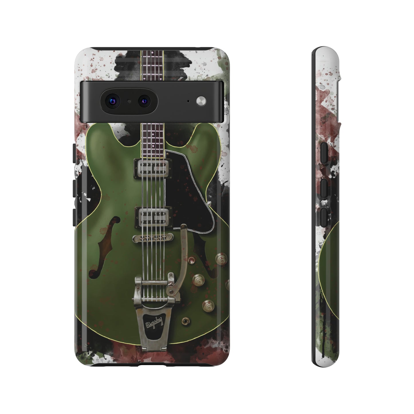 digital painting of a green electric guitar printed on a google phone case