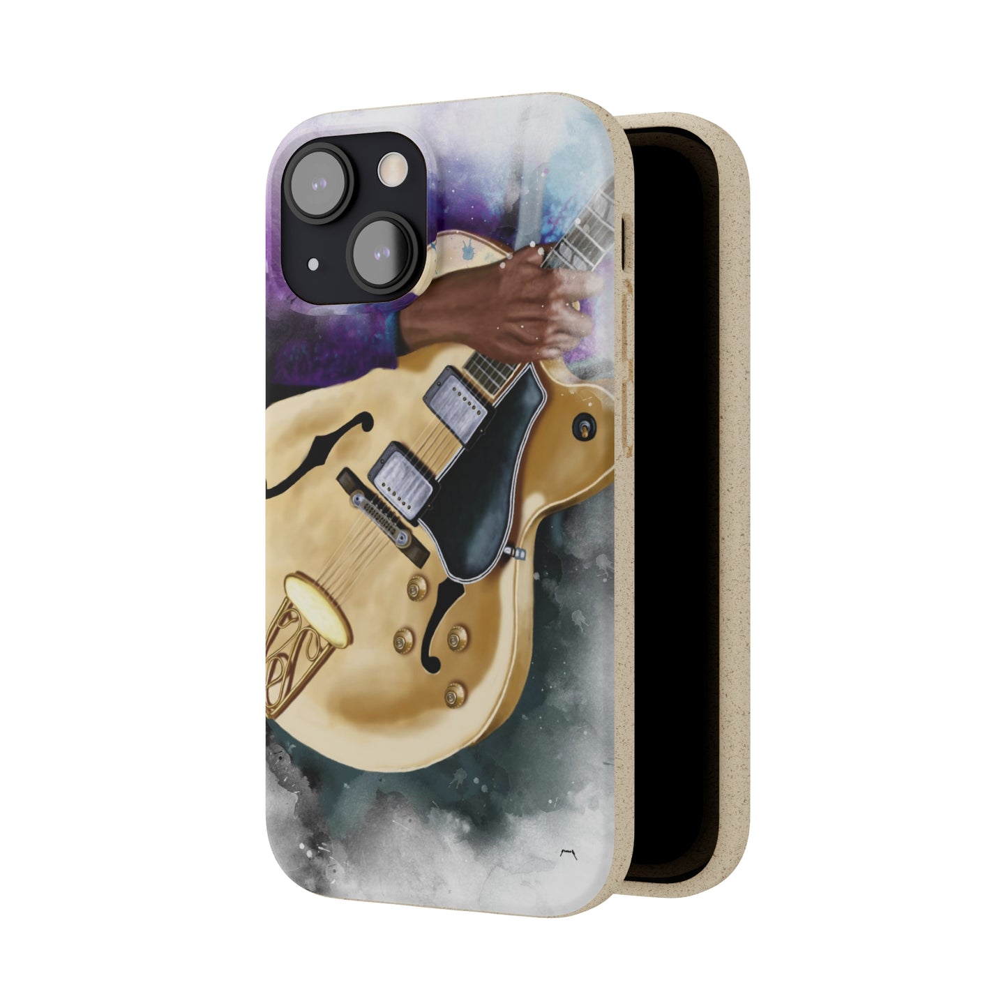 Digital painting of a vintage white hollowbody electric guitar with hand printed on a biodegradable iphone phone case