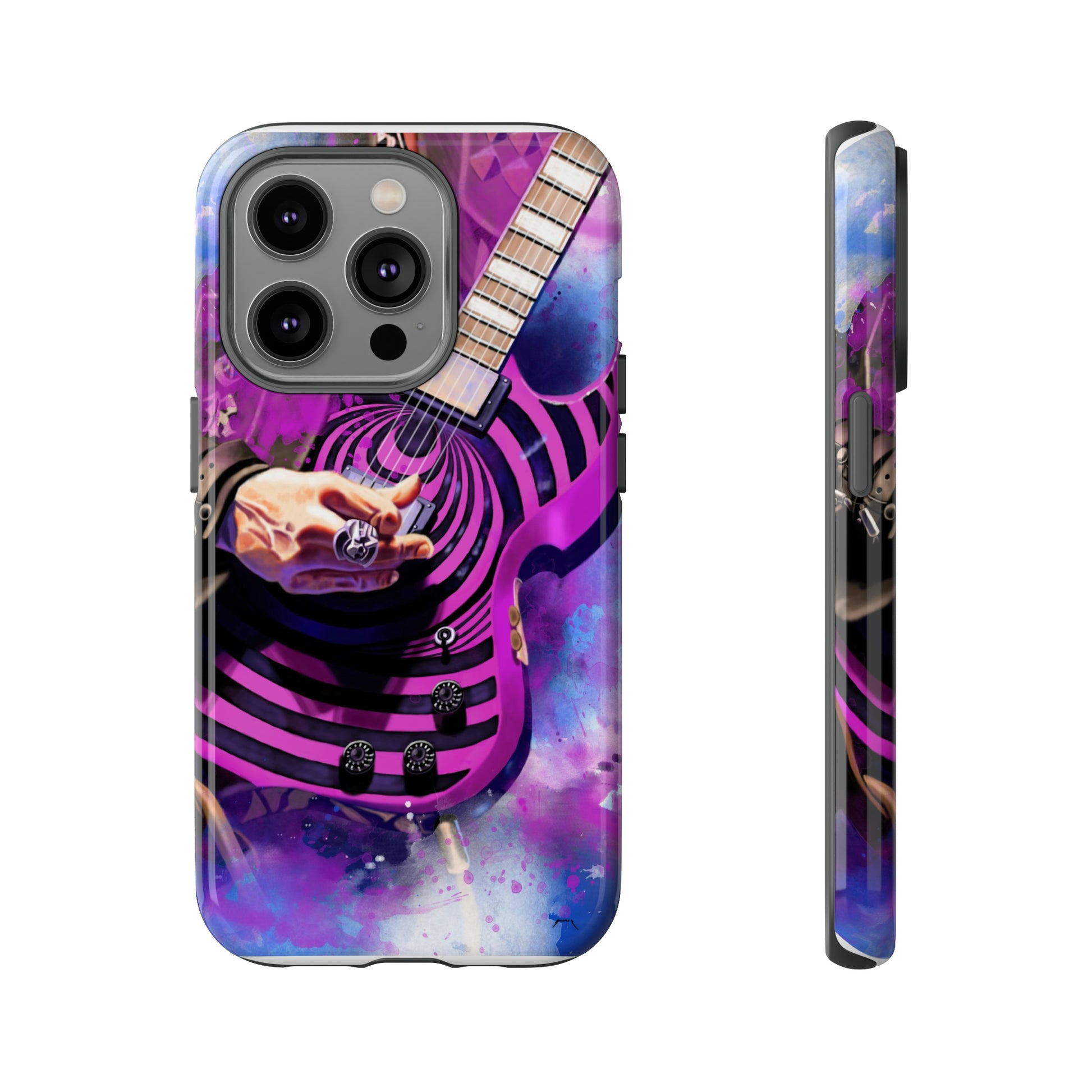 digital painting of a purple-black electric guitar with hand printed on iphone phone case