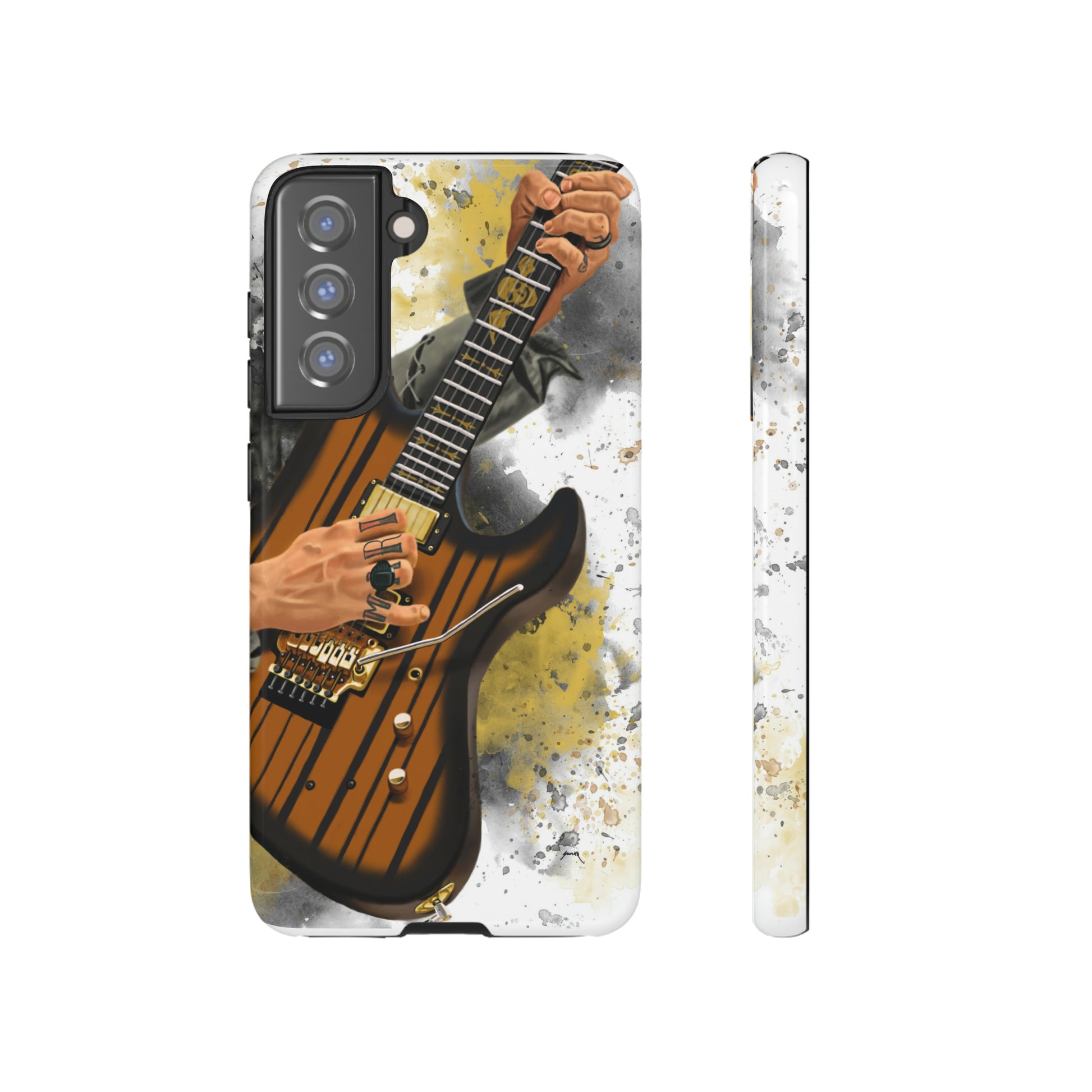 Digital painting of a burst black electric guitar with hands and tattoos printed on samsung tough case