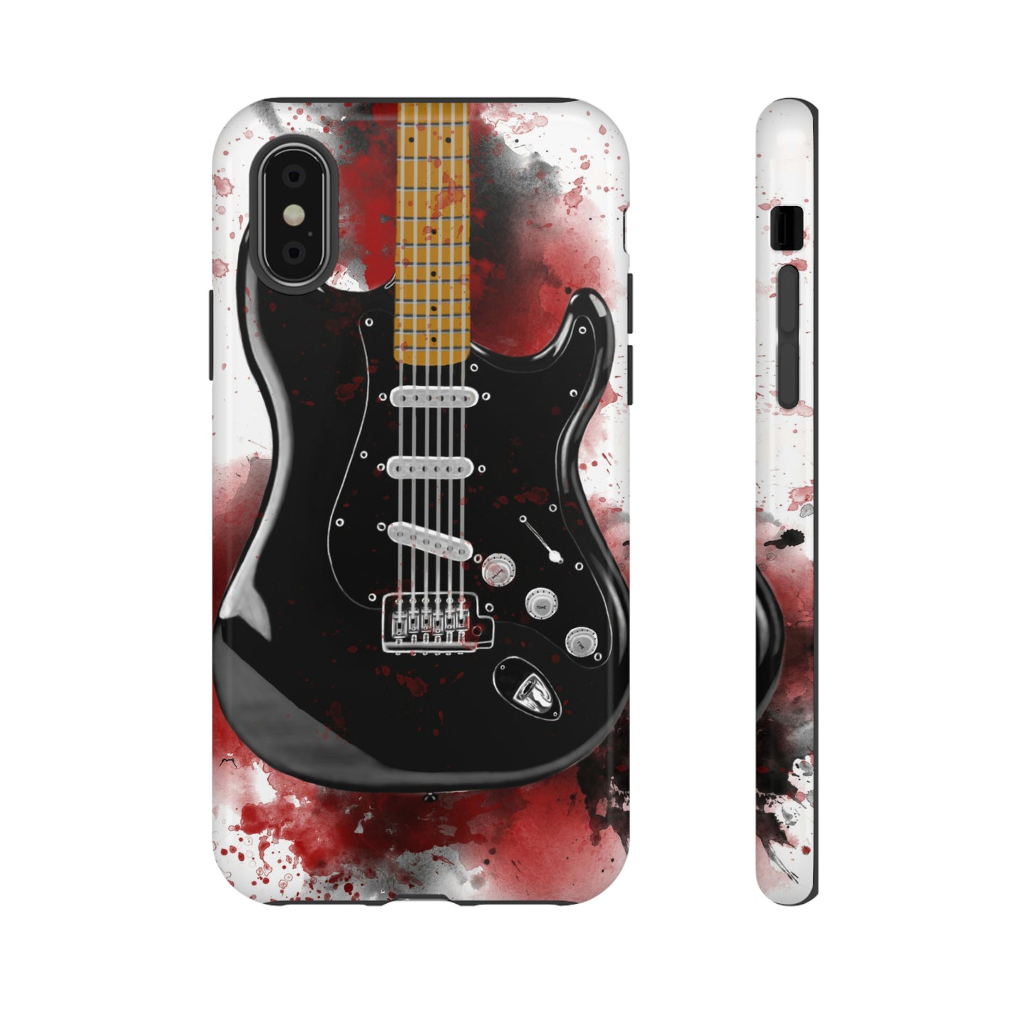 Digital painting of black electric guitar printed on an iphone phone case