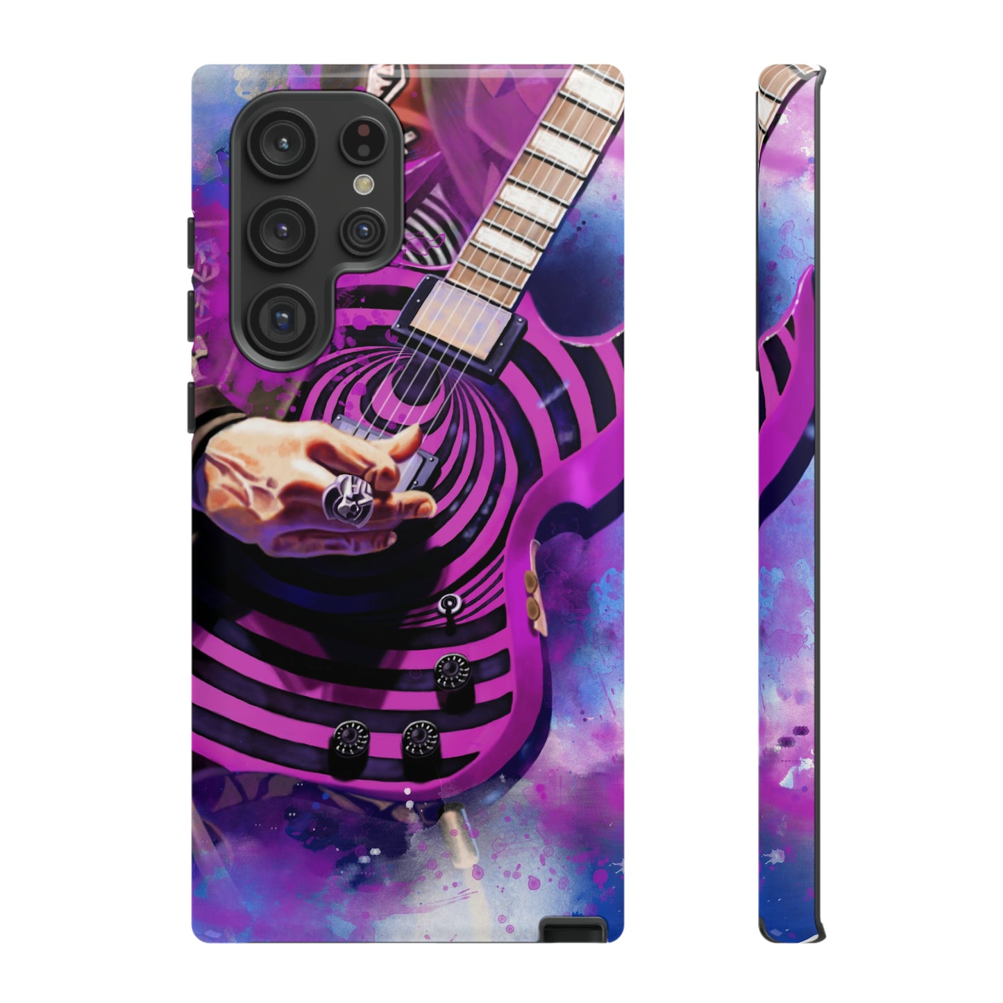 digital painting of a purple-black electric guitar with hand printed on samsung phone case
