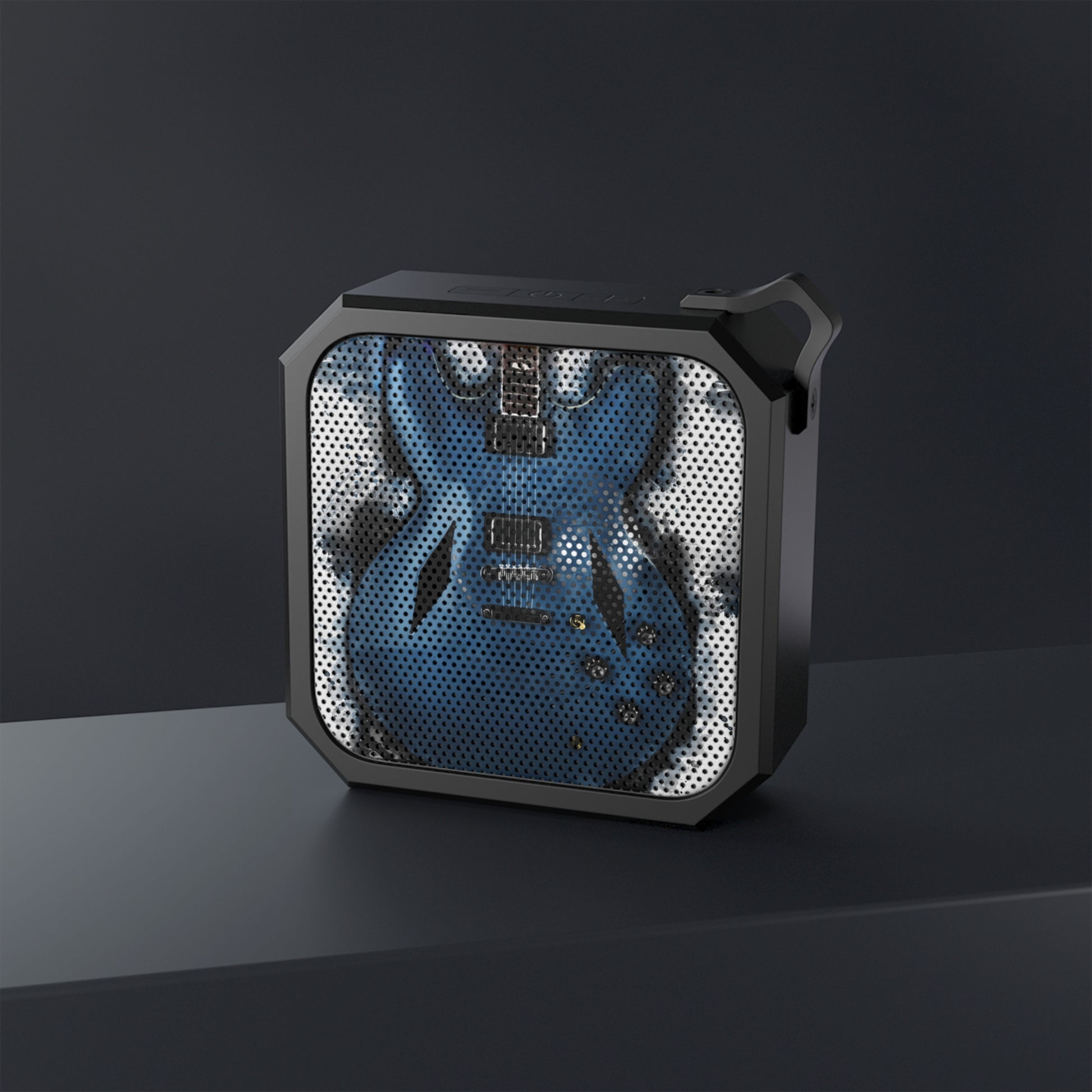digital painting of a blue electric guitar printed on a bluetooth speaker