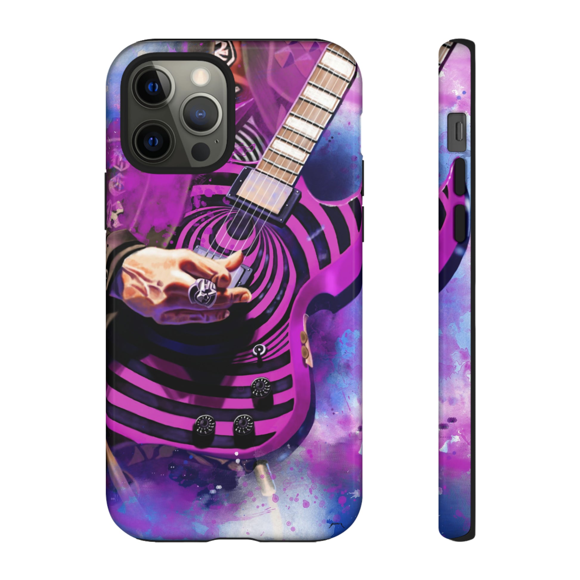 digital painting of a purple-black electric guitar with hand printed on iphone phone case