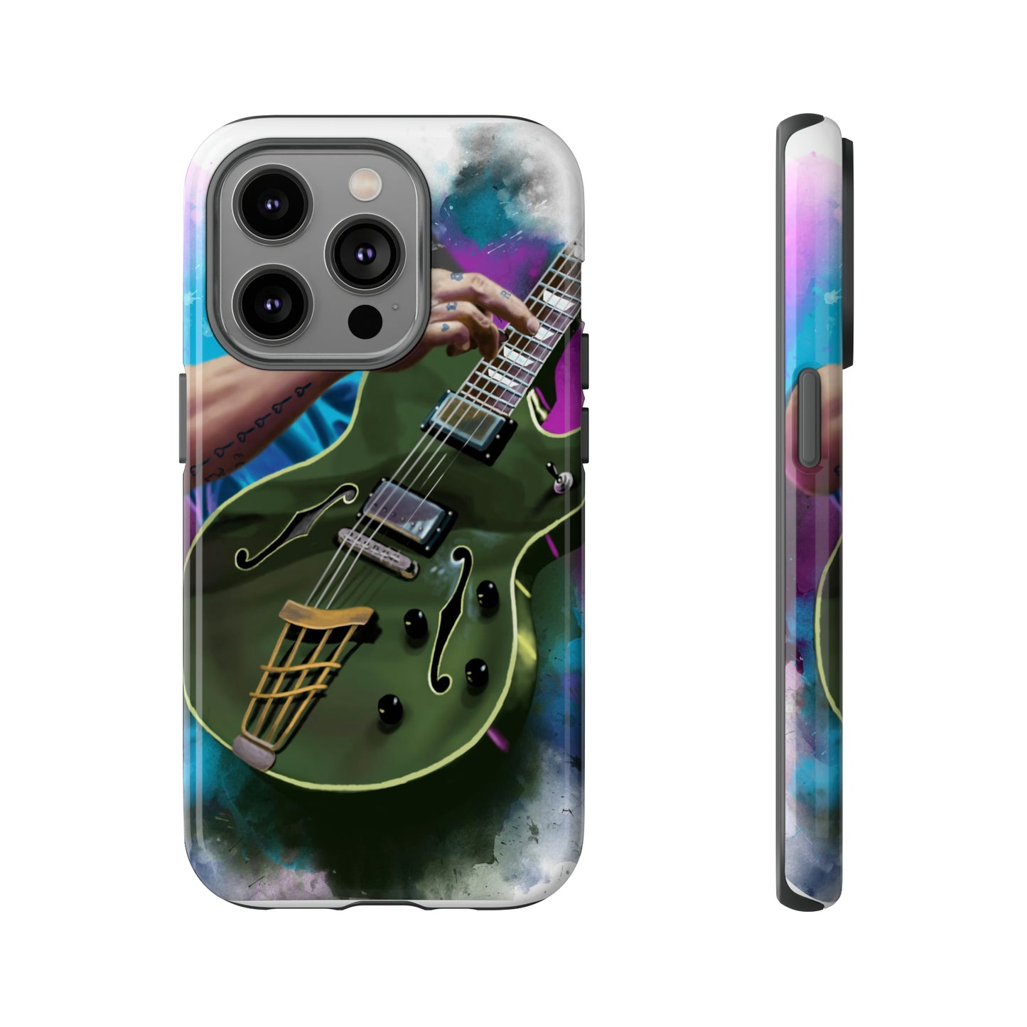 Digital painting of an olive green electric guitar with hand printed on iphone tough case