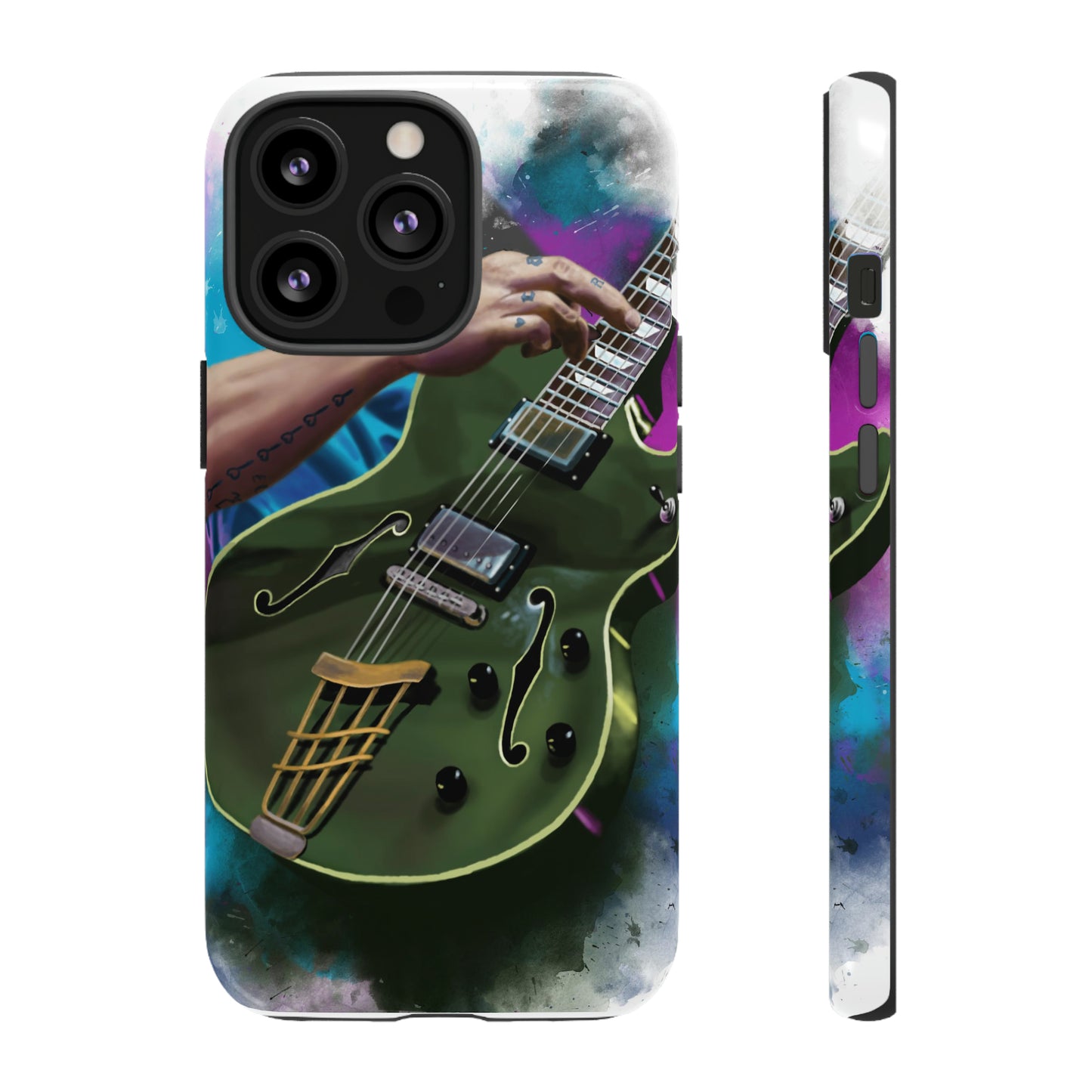 Digital painting of an olive green electric guitar with hand printed on iphone tough case