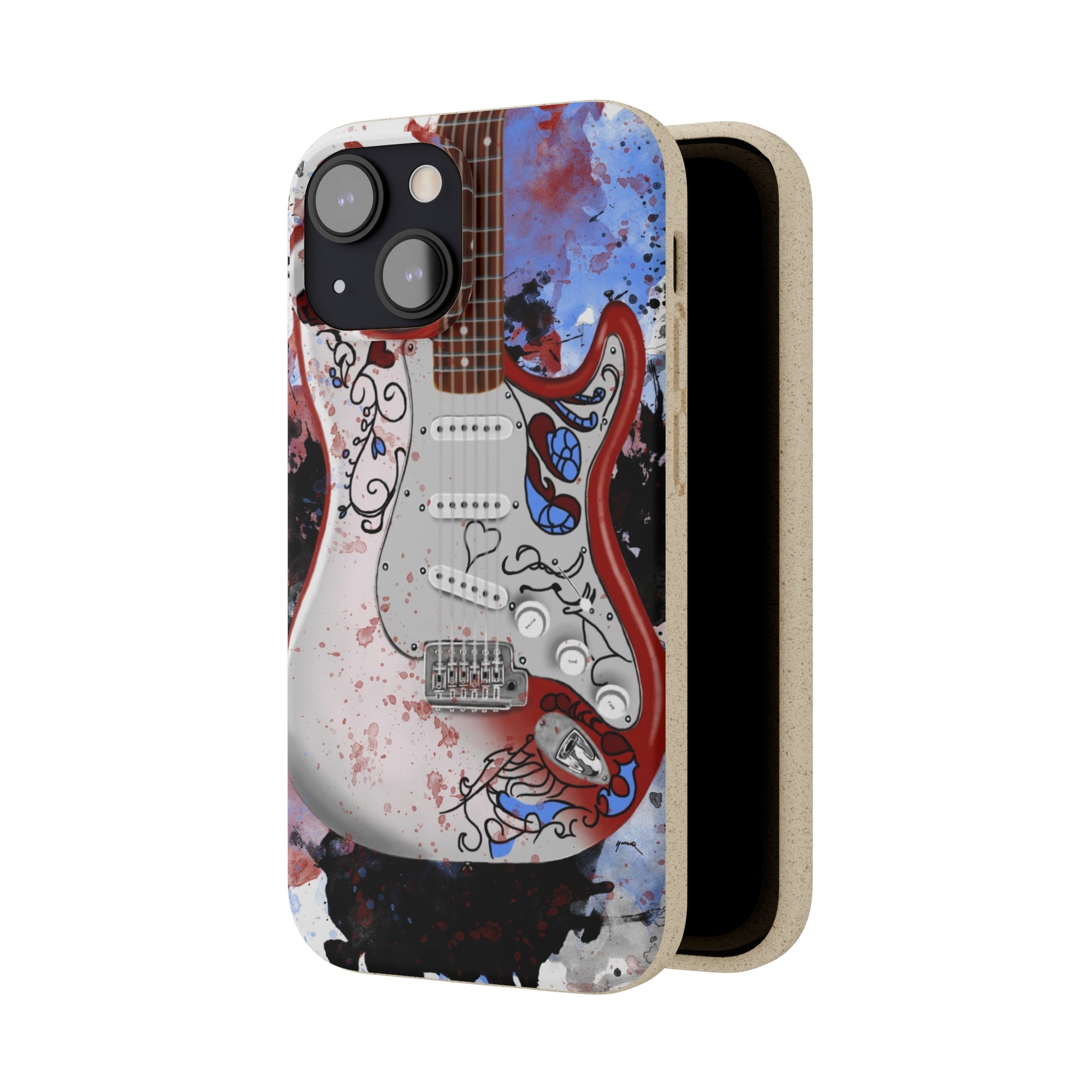 Digital painting of a red white decorated electric guitar printed on a biodegradable iphone phone case
