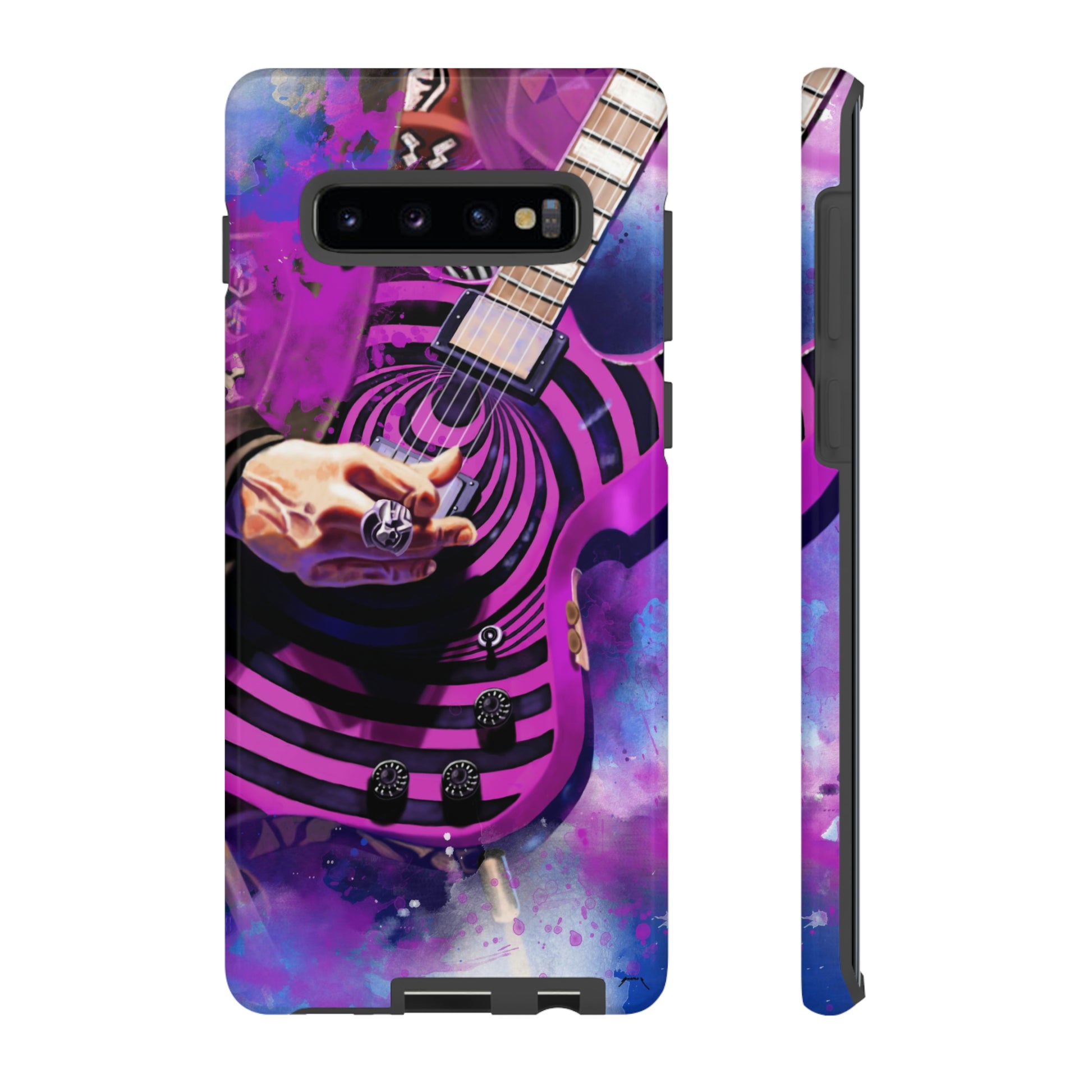 digital painting of a purple-black electric guitar with hand printed on samsung phone case