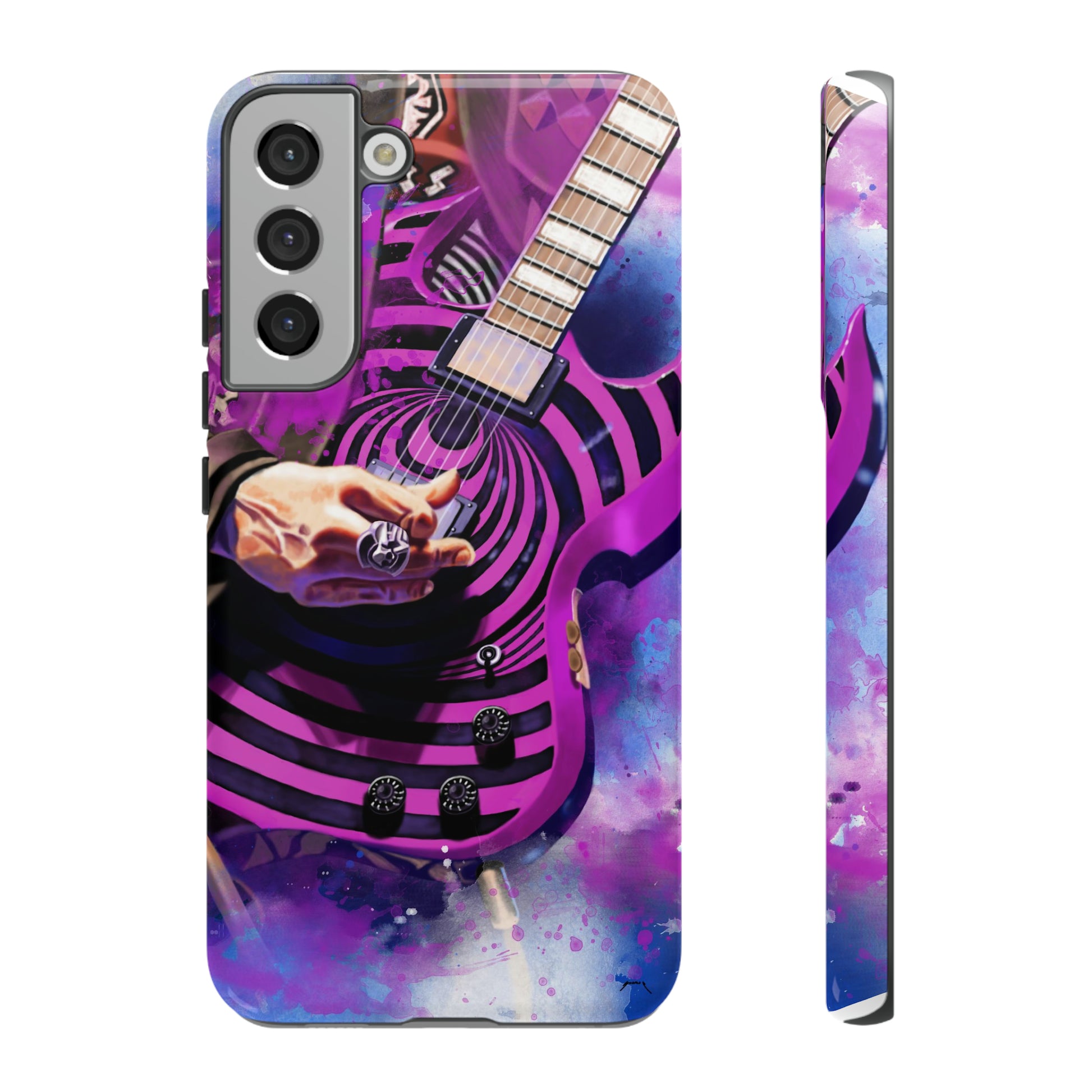 digital painting of a purple-black electric guitar with hand printed on samsung phone case