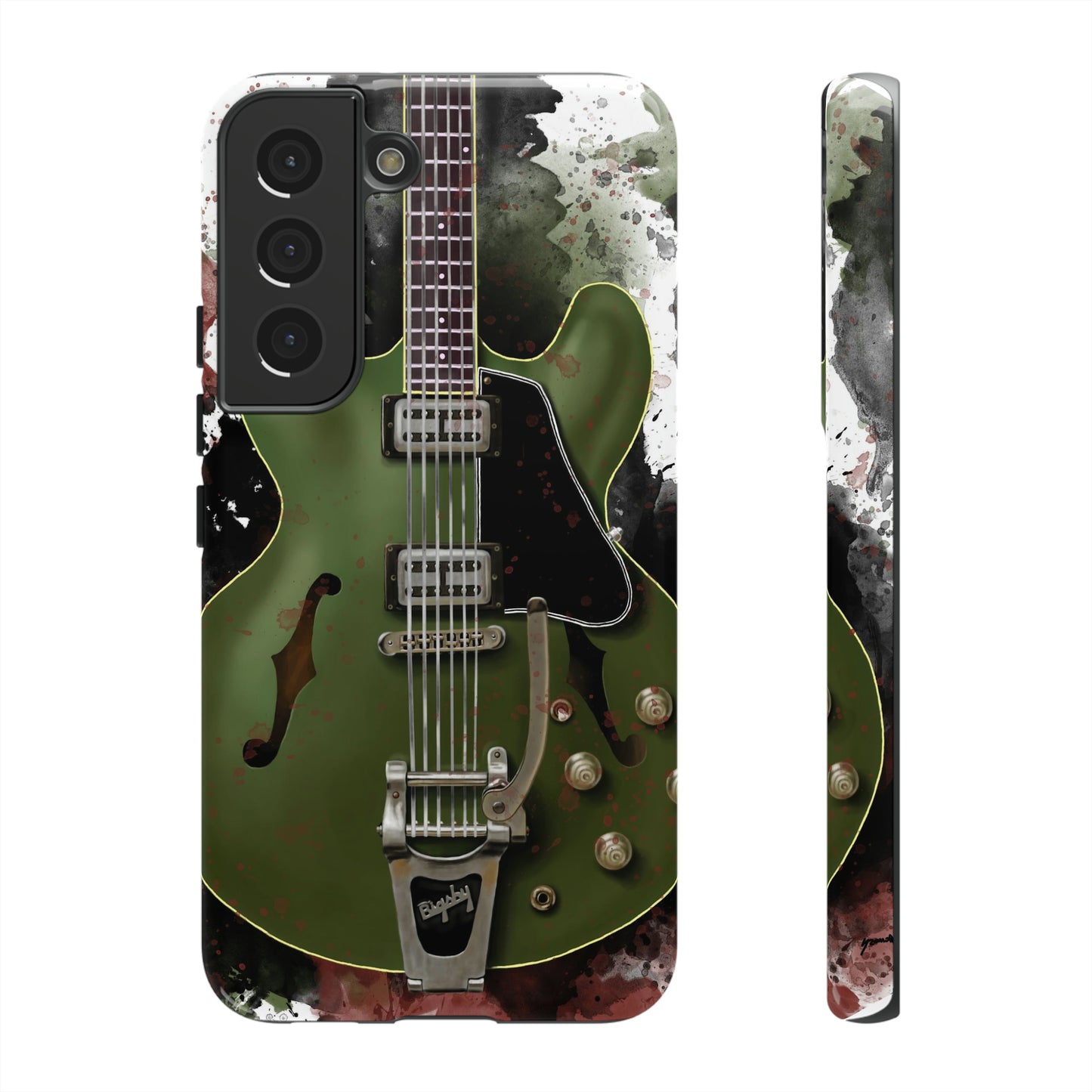 digital painting of a green electric guitar printed on a samsung phone case