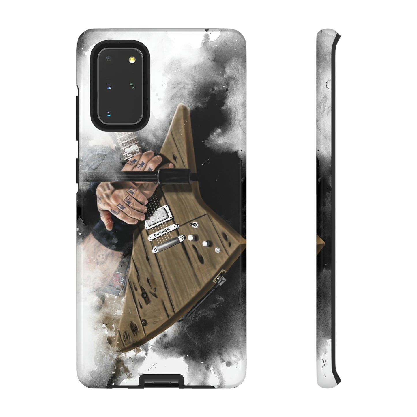 Digital painting of a brown electric guitar with hands printed on a samsung phone case