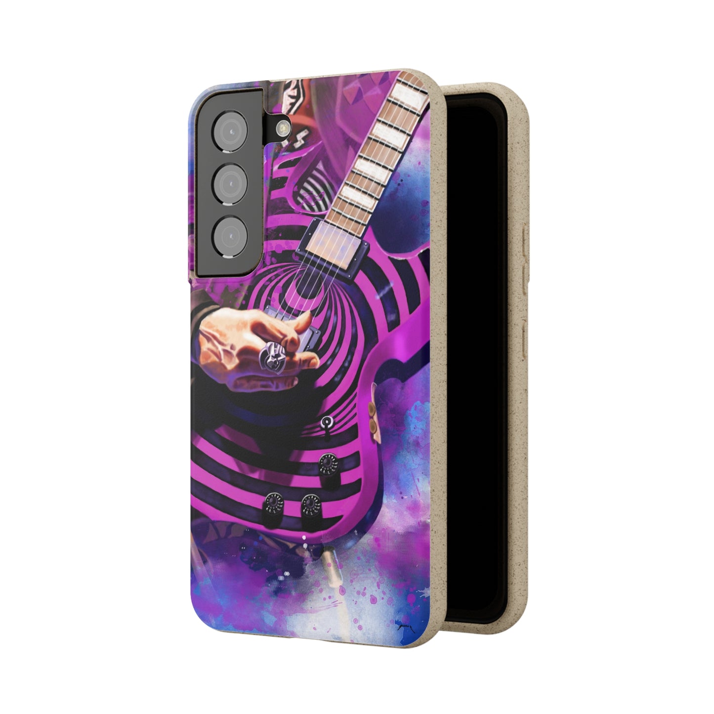 Digital painting of a purple black electric guitar with hand printed on a biodegradable samsung phone case
