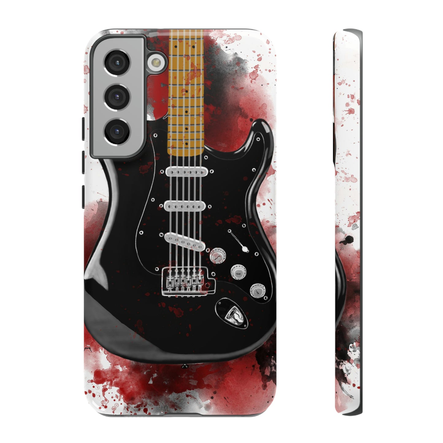 Digital painting of black electric guitar printed on a samsung phone case