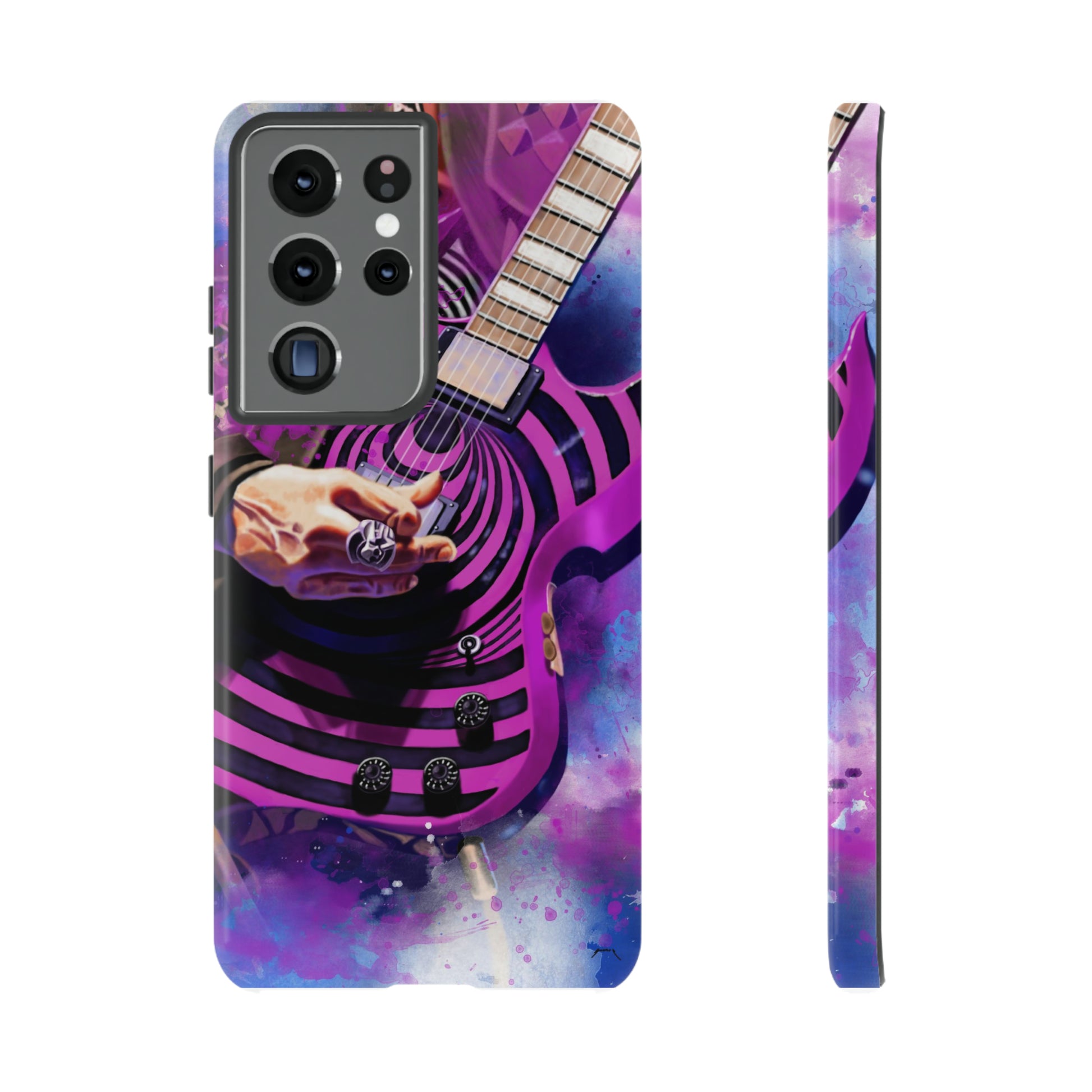 digital painting of a purple-black electric guitar with hand printed on samsung phone case