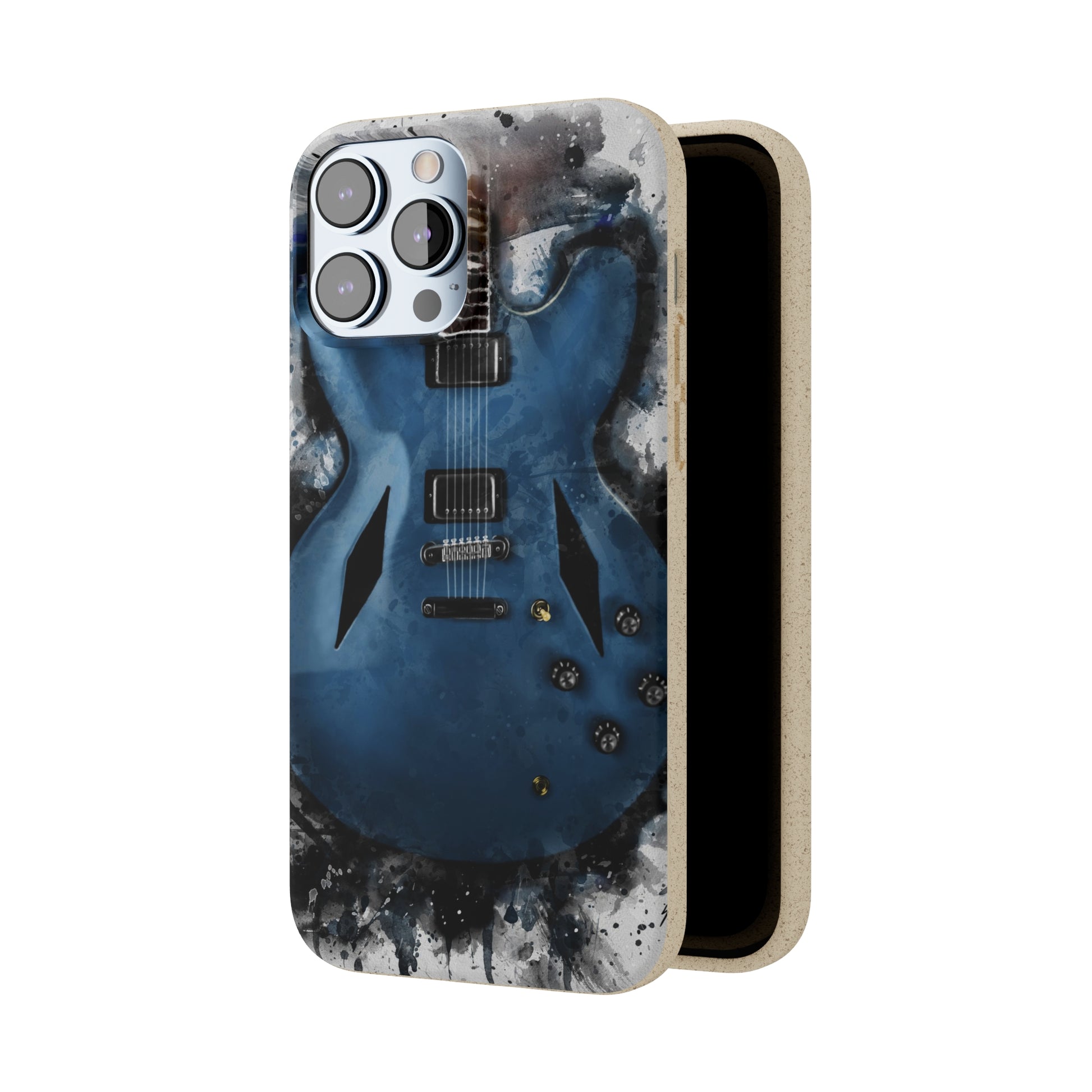 digital painting of a blue electric guitar printed on a biodegradable iphone phone case