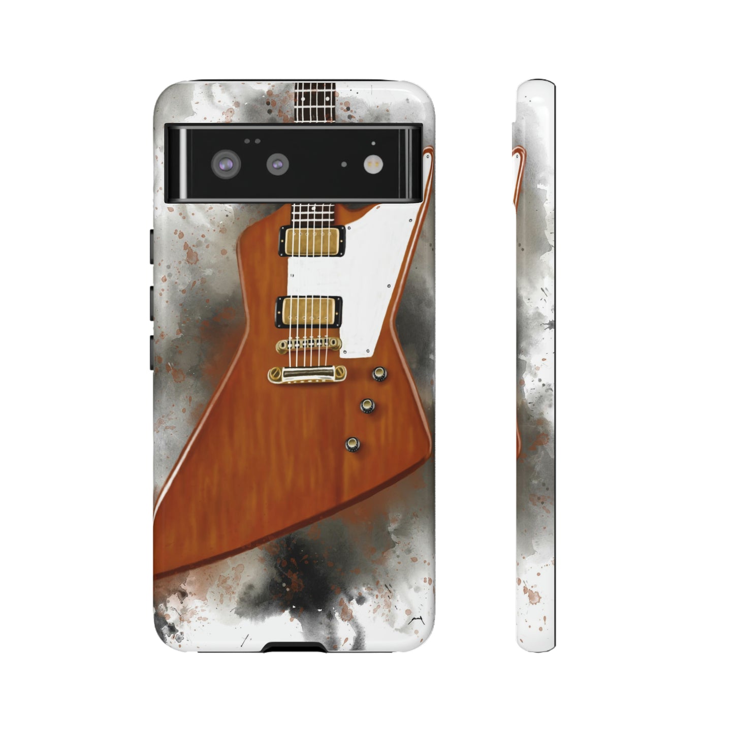 Digital painting of a pointy electric guitar printed on a google tough phone case