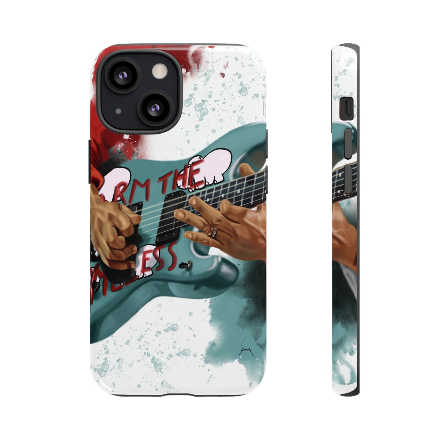 Digital painting of a blue electric guitar with stickers and hands printed on iphone phone case