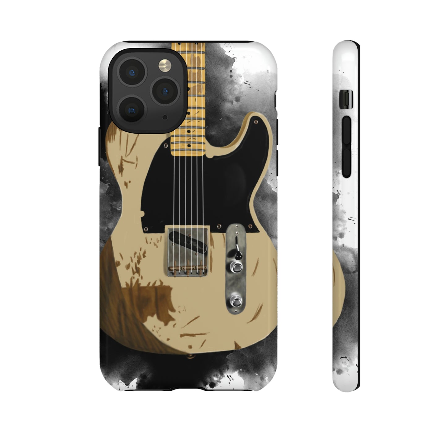 Digital painting of a white-black vintage electric guitar printed on an iphone phone case