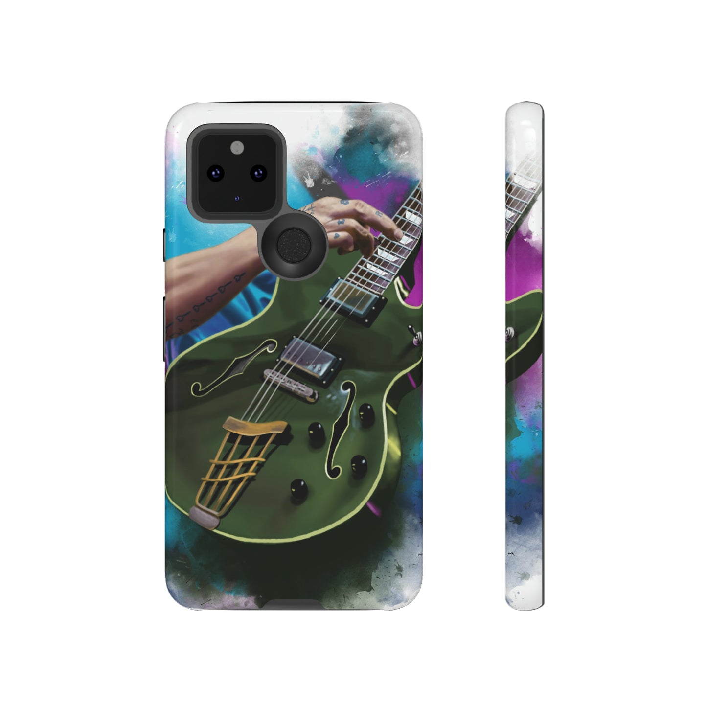 Digital painting of an olive green electric guitar with hand printed on google tough case