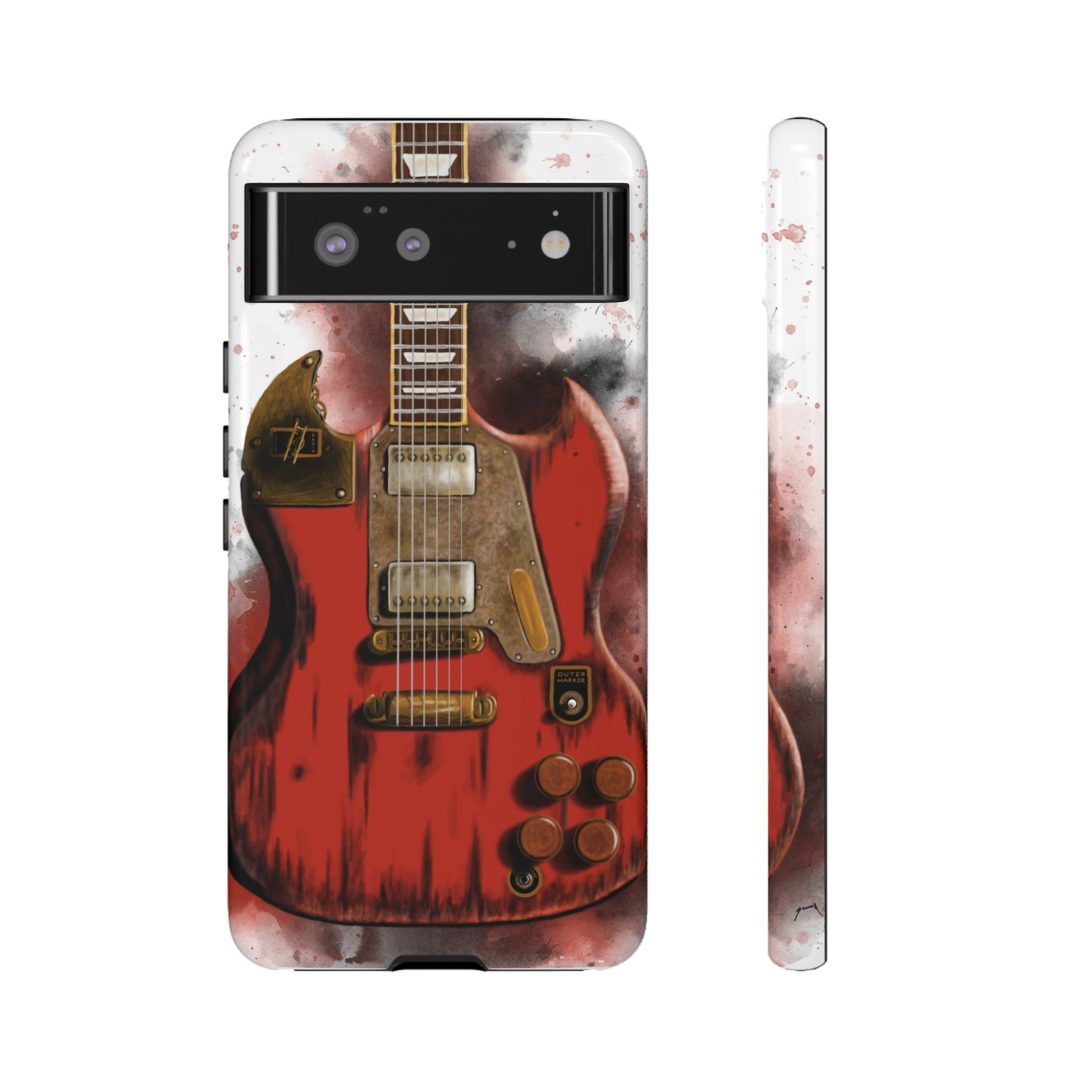 Digital painting of a steampunk electric guitar printed on google tough phone case