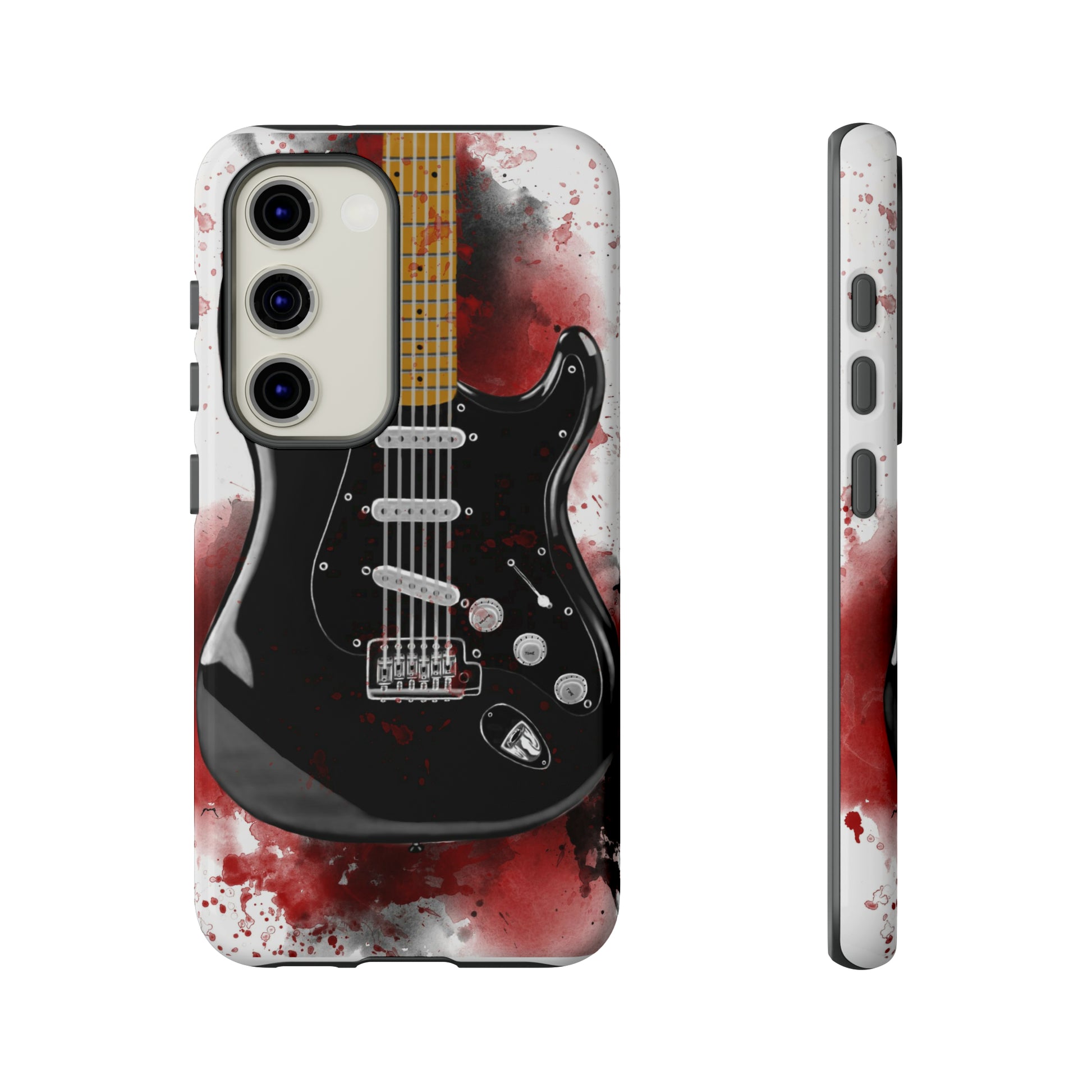 Digital painting of black electric guitar printed on a samsung phone case