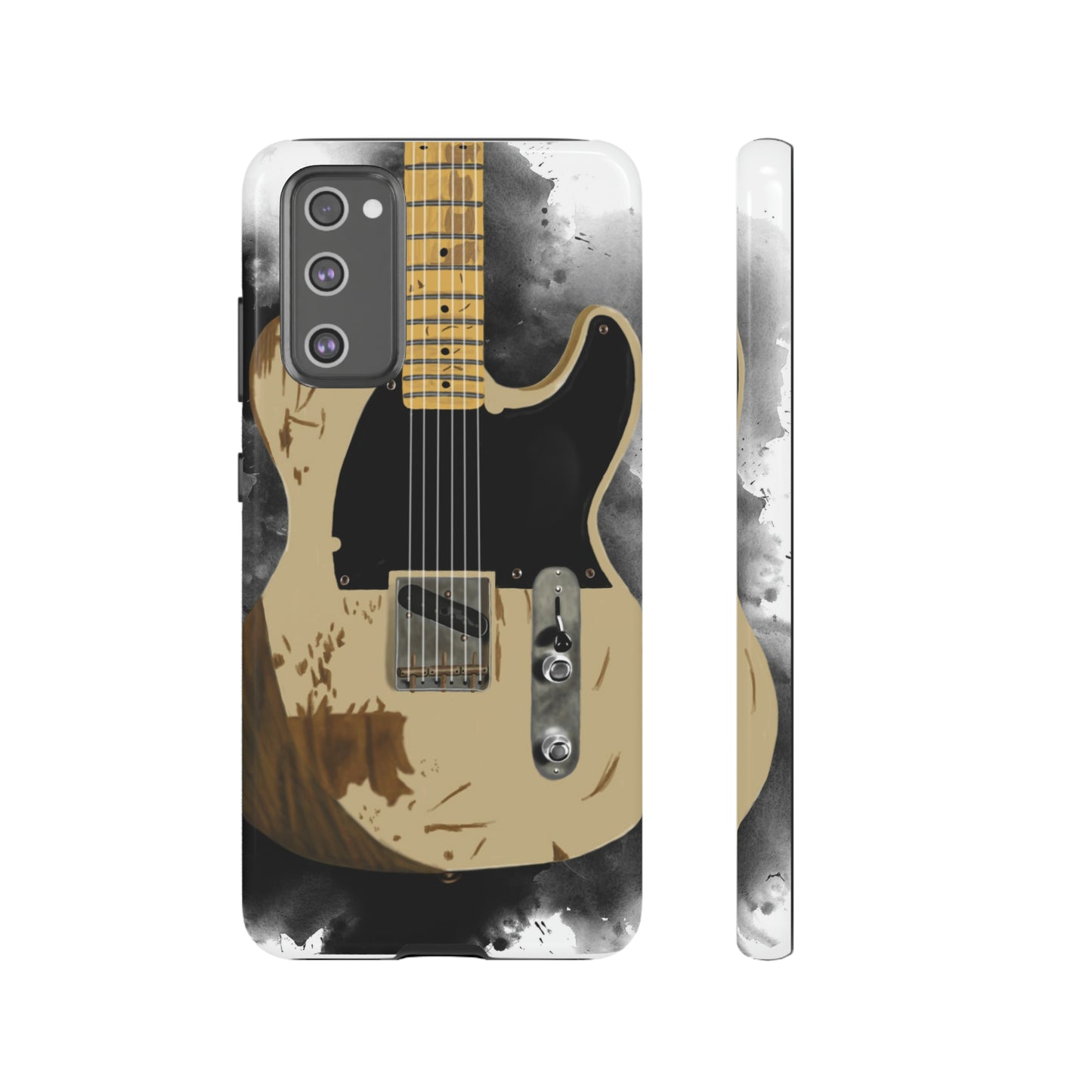 Digital painting of a white-black vintage electric guitar printed on a samsung phone case