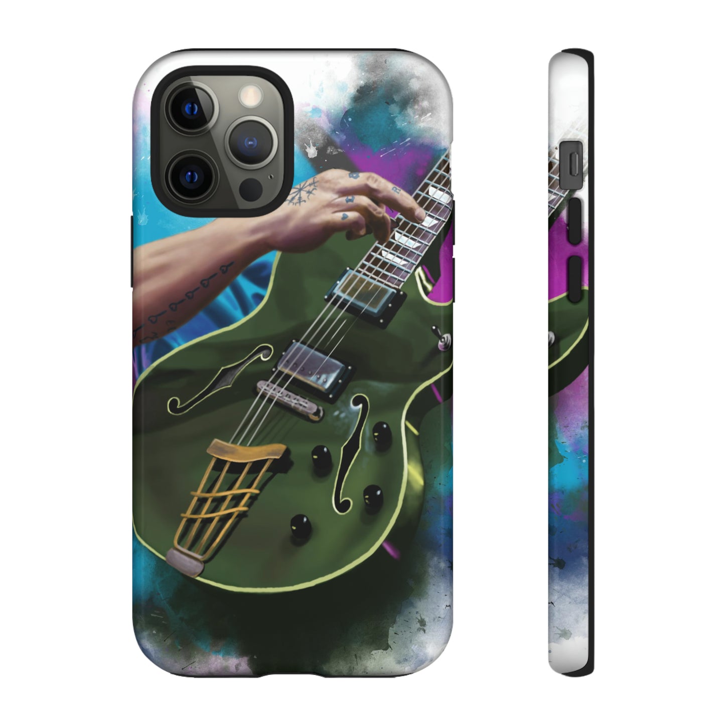 Digital painting of an olive green electric guitar with hand printed on iphone tough case