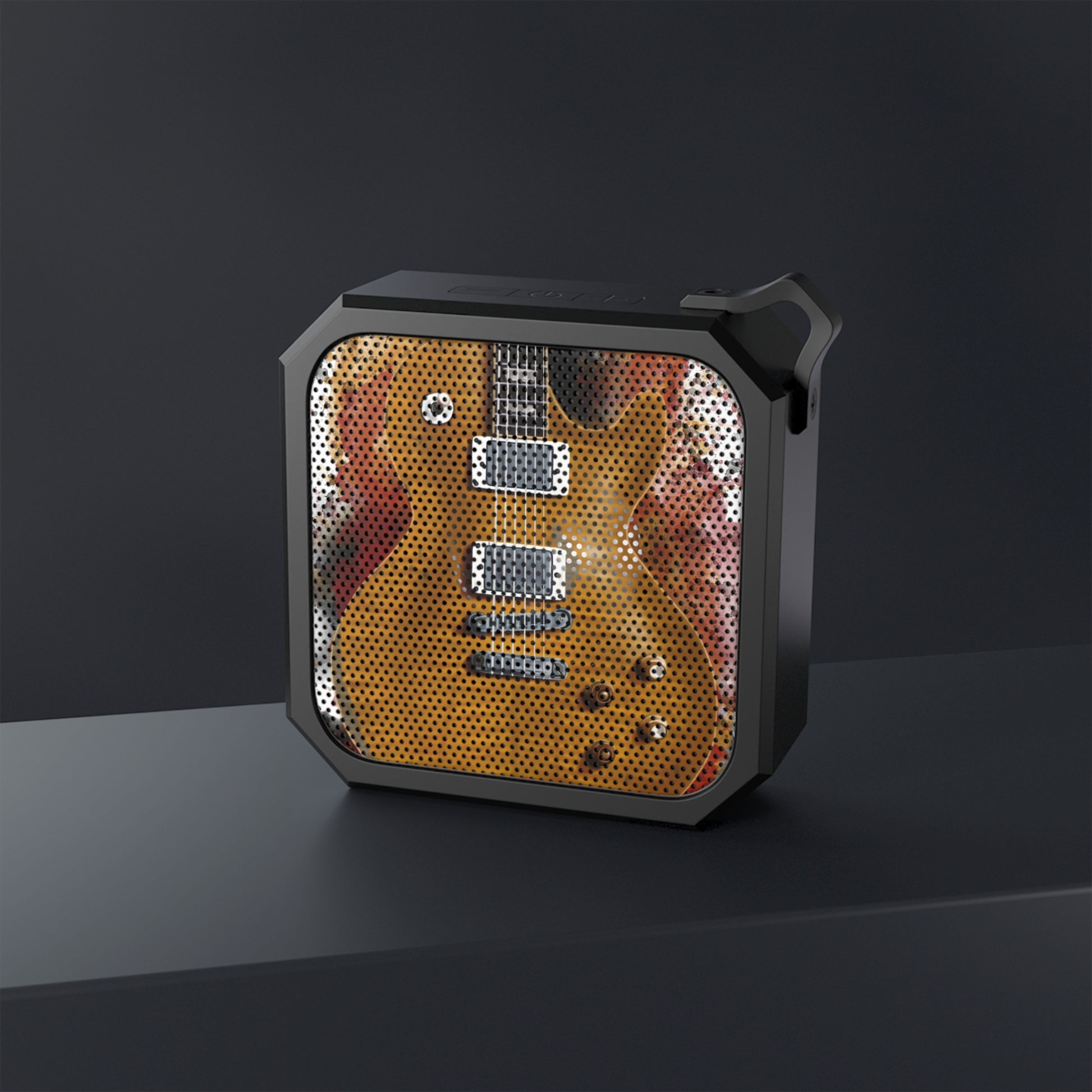digital painting of a vintage electric guitar printed on a bluetooth speaker